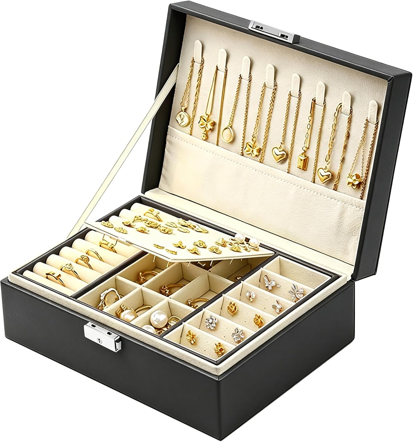 Detalle de Homeanda Jewellery Box with Lock: 2‑Layer Leather organiser for necklaces, bracelets and more