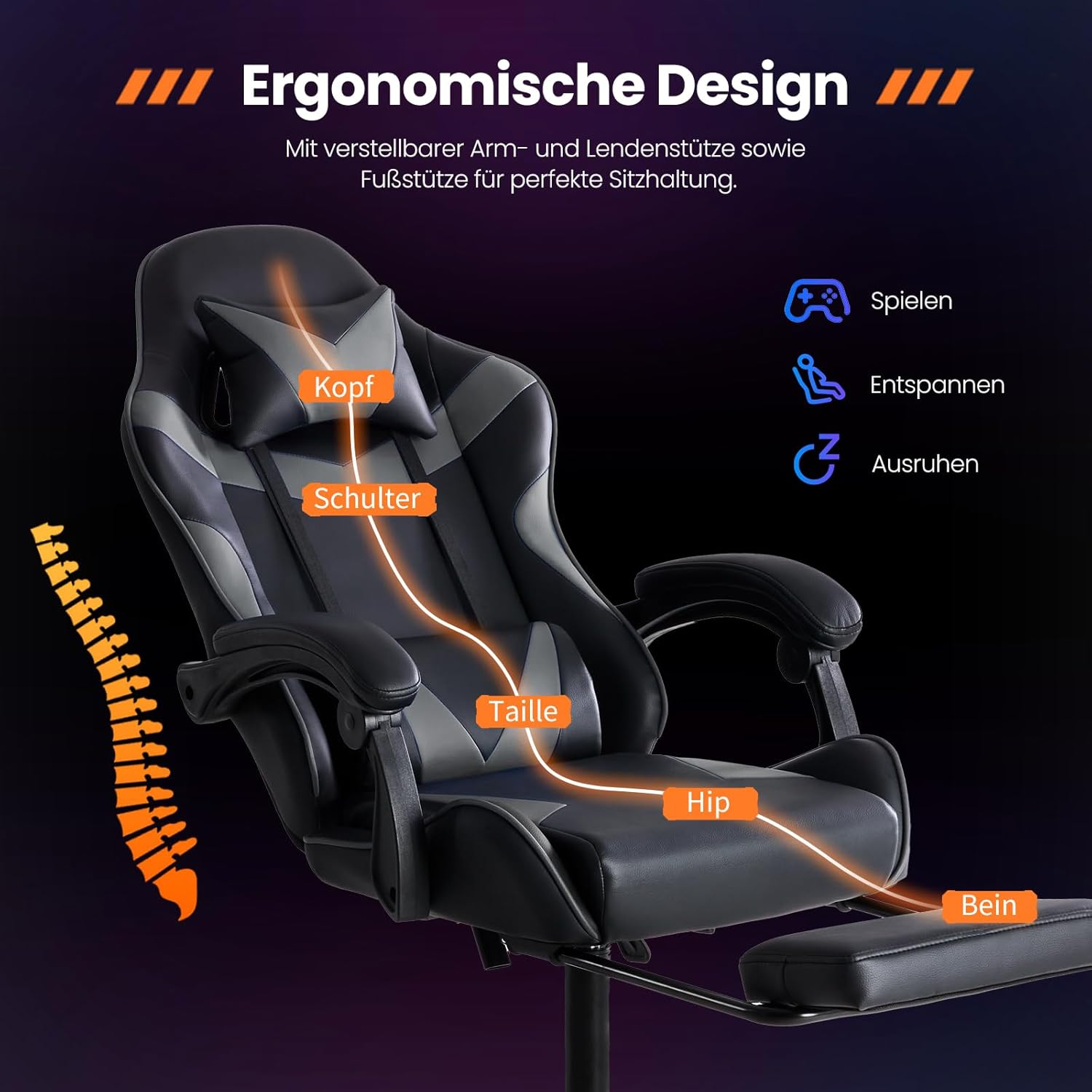 Thumbnail 5 de Sweetcrispy Gaming Stuhl – Ergonomischer Bürostuhl mit Fußstütze, Kopfstütze und Lendenwirbelstütze