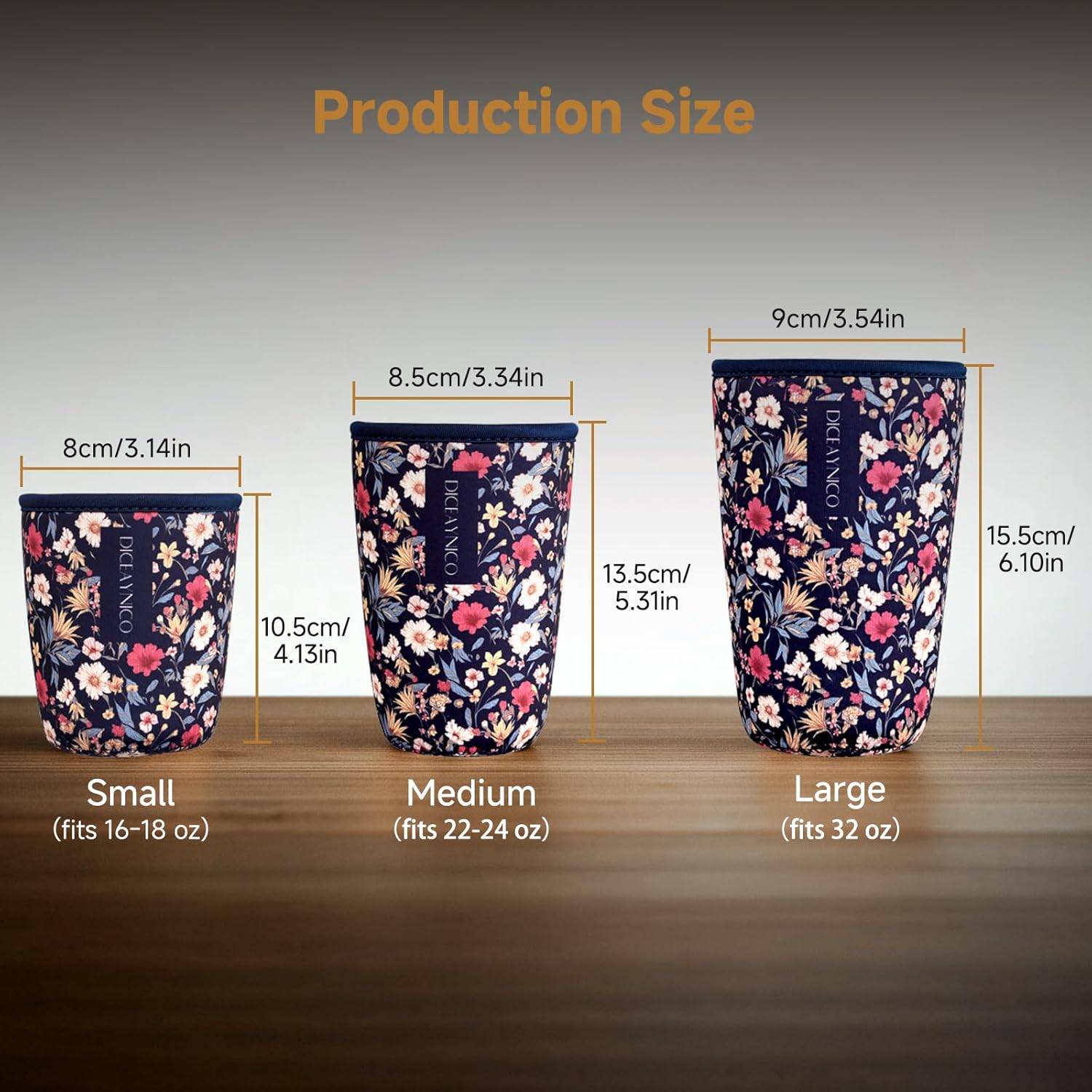Thumbnail 1 de Diceaynico Becherhülle im 3er-Set (S/M/L) für 16–32 oz, wiederverwendbare Becherkühler mit Neopren – Dunkles Blumenmuster