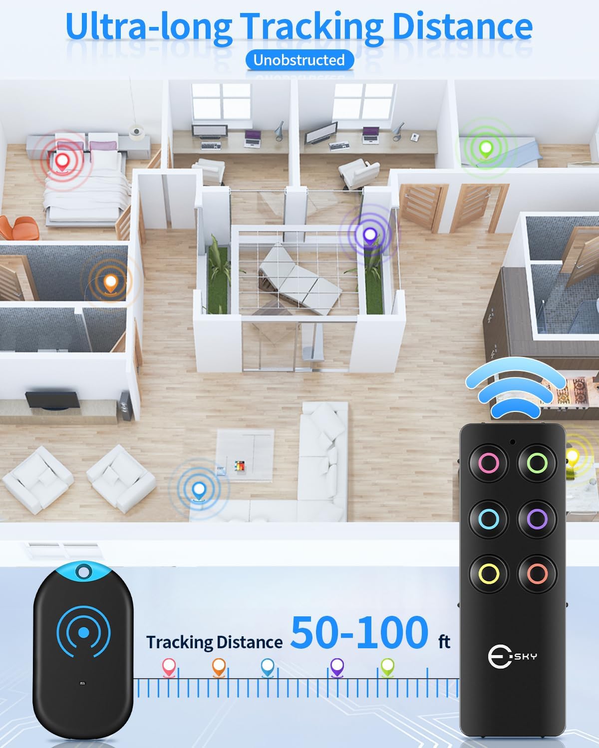 Detalle de Esky Ultra Slim Key Finder with 80dB Sound, 100ft RF Range and 6 Receivers