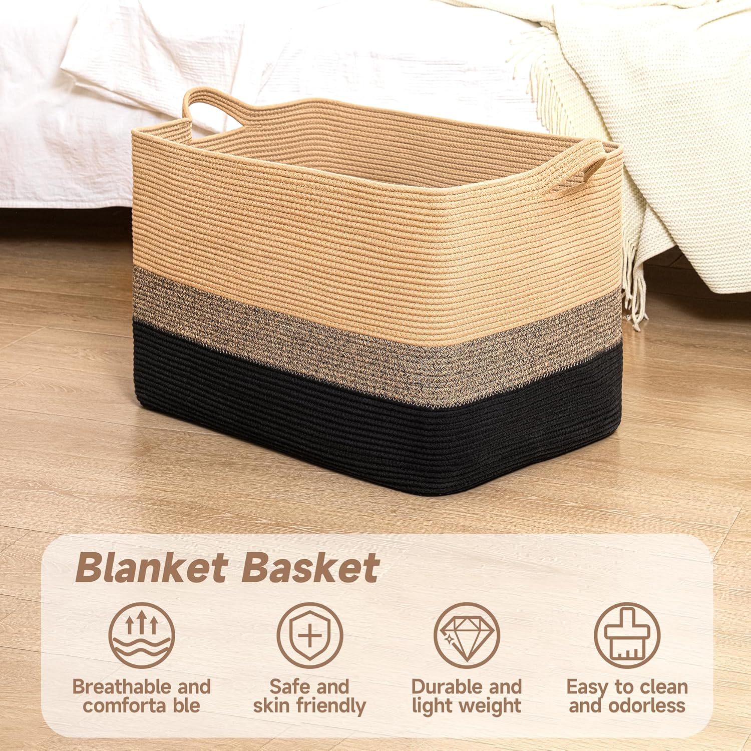 Thumbnail 5 de CLHMILY&Z Stylish Square Cotton Rope Storage Basket (Black & Camel, 85L)