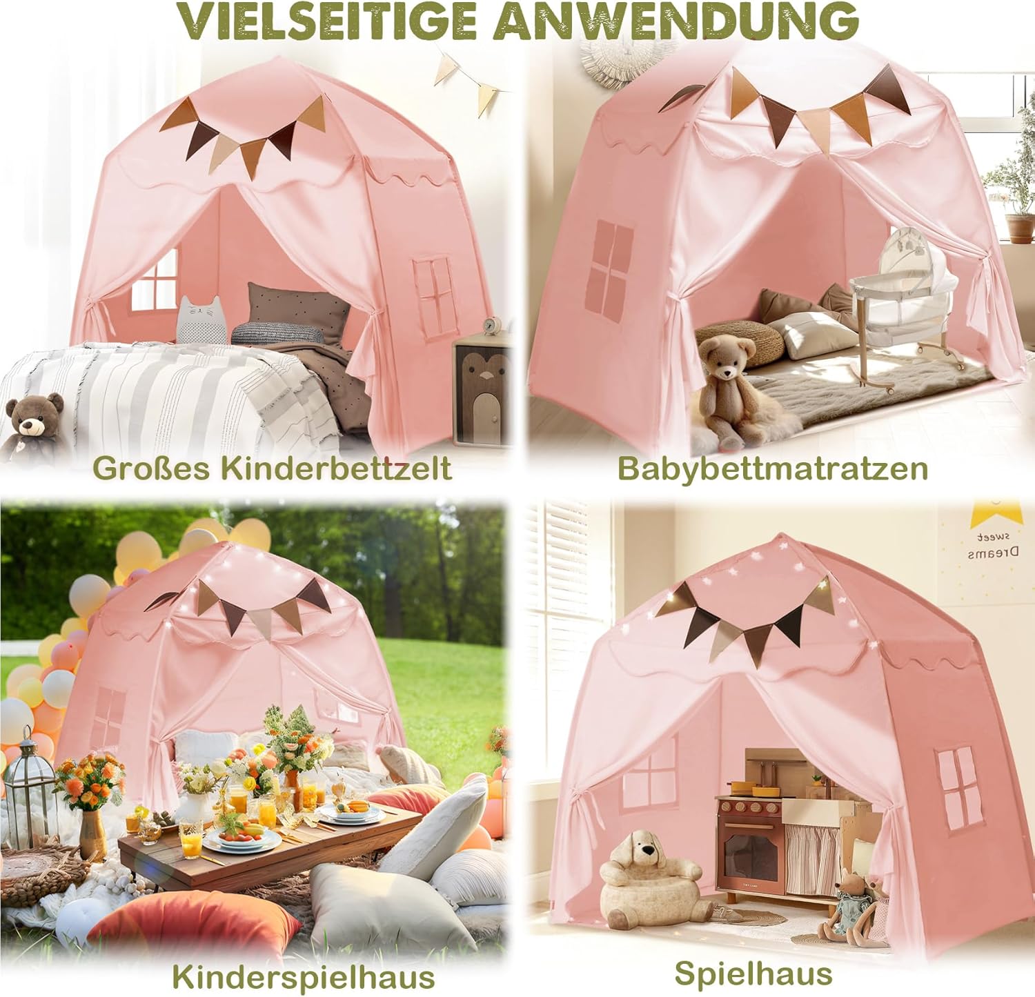 Thumbnail 1 de Mallify Kinderzelt Indoor „Kinderzelt mit Lichtern“ (150 x 100 x 150 cm) – Spielzelt fürs Kinderzimmer in Rosa