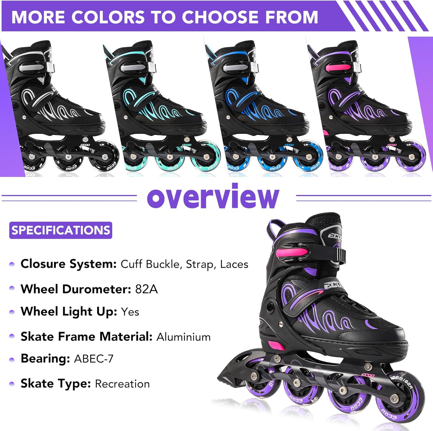 Thumbnail 5 de ECOO Inline Skates for Kids: Adjustable 4-Size Fit with Light-Up Wheels