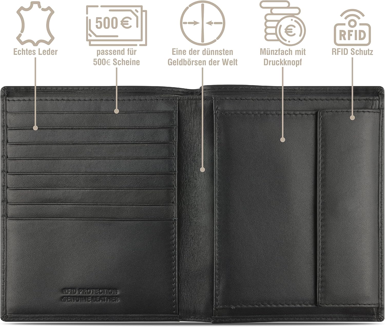 Thumbnail 3 de bugatti Super Slim – Portefeuille fin en cuir véritable avec protection RFID, Noir