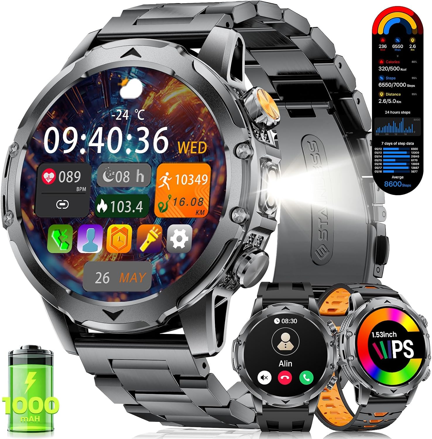 Detalle de CHOOSETIME EF23-F smartwatch met led-zaklamp, bluetooth-oproepen en 1,53-inch scherm