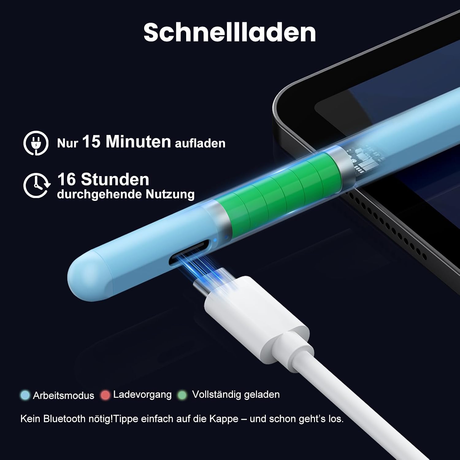 Detalle de KingOne Stift für Apple iPad (2018–2025) mit magnetischer Haftung & Palm Rejection, Schnellladung, Blau
