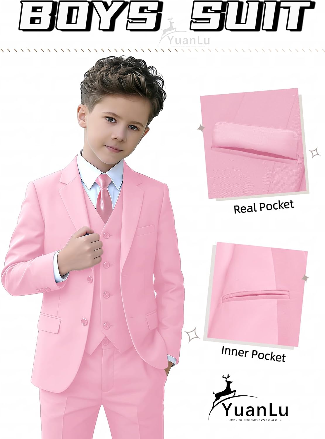 Detalle de YuanLu Boys' Light Pink Slim-Fit Suit Set, Adjustable Waist, Ring Bearer