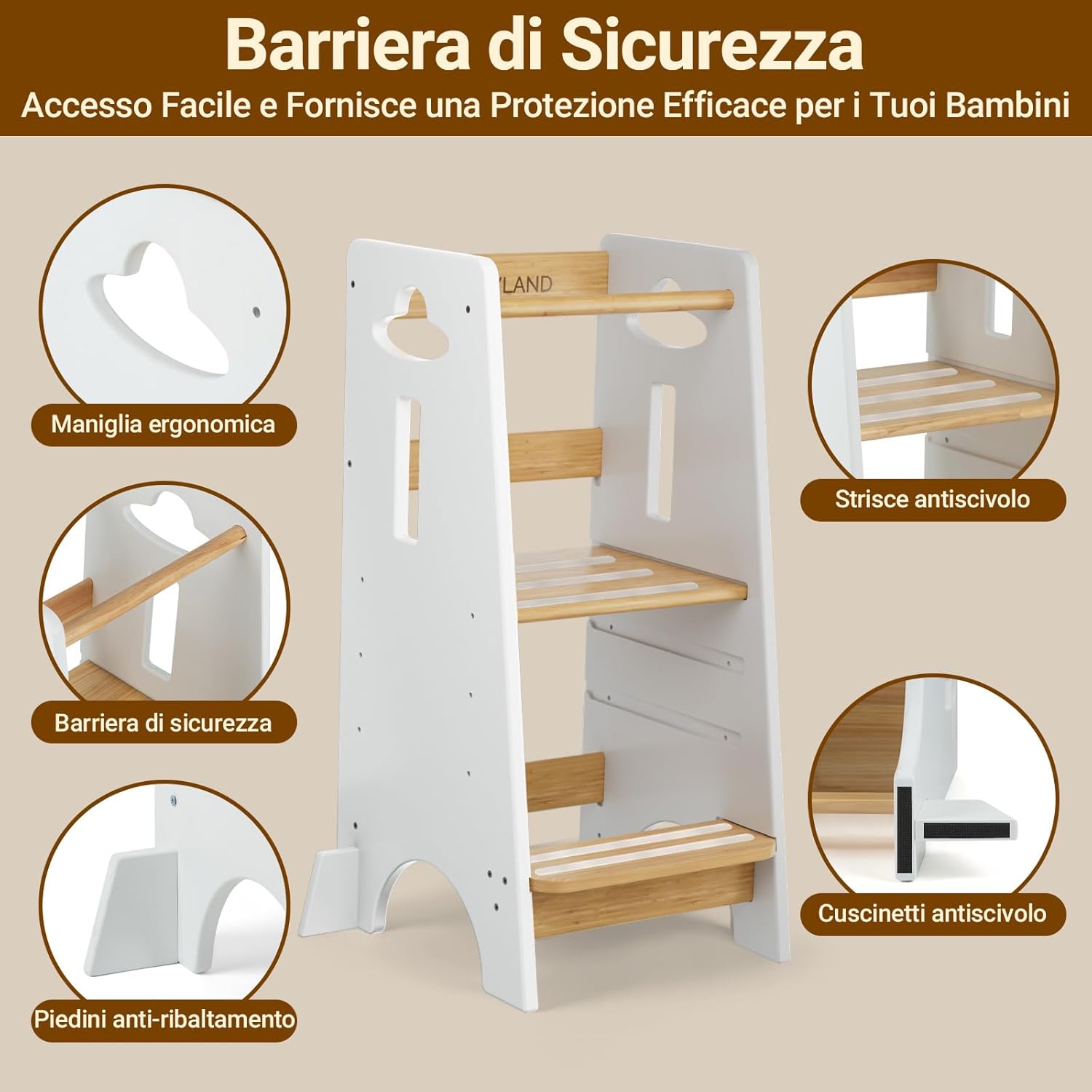 Thumbnail 5 de COSYLAND Torre Montessoriana per Bambini - 3 Altezze, 100 kg, Bianco Classico & Naturale