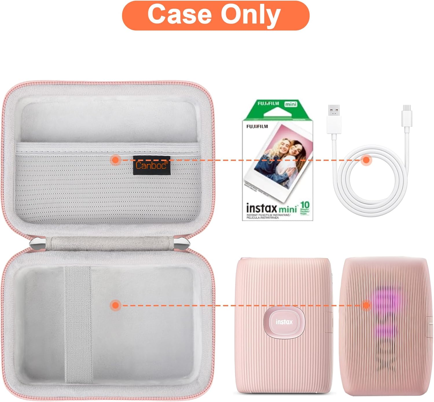 Thumbnail 2 de Canboc Hard Case for Fujifilm Instax Mini Link 2/Link 3 Mini Link Smartphone Printer (Mesh Pocket) – Rose Gold