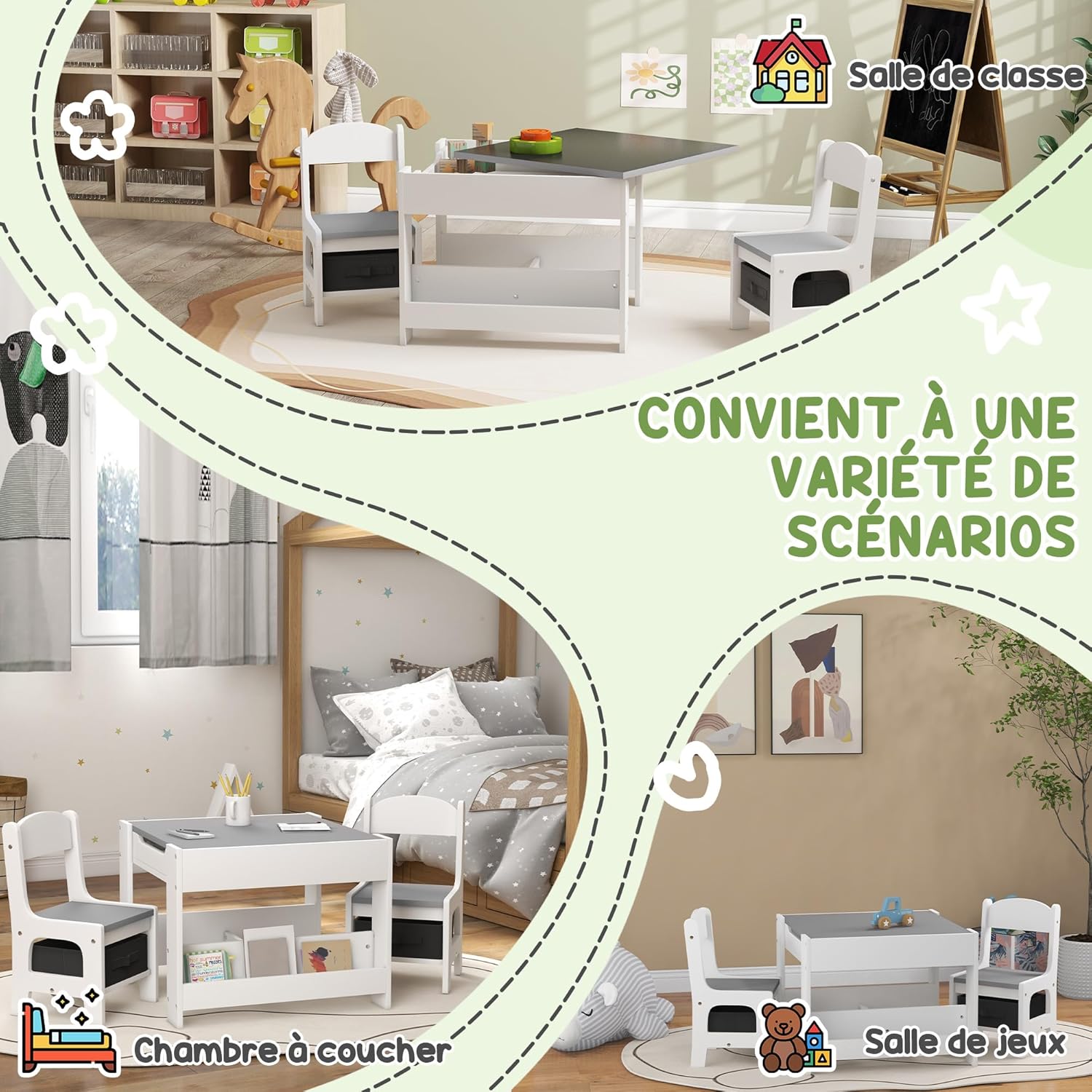 Thumbnail 5 de HOMCOM Ensemble 3 pièces table et 2 chaises enfant avec plateau réversible et rangements