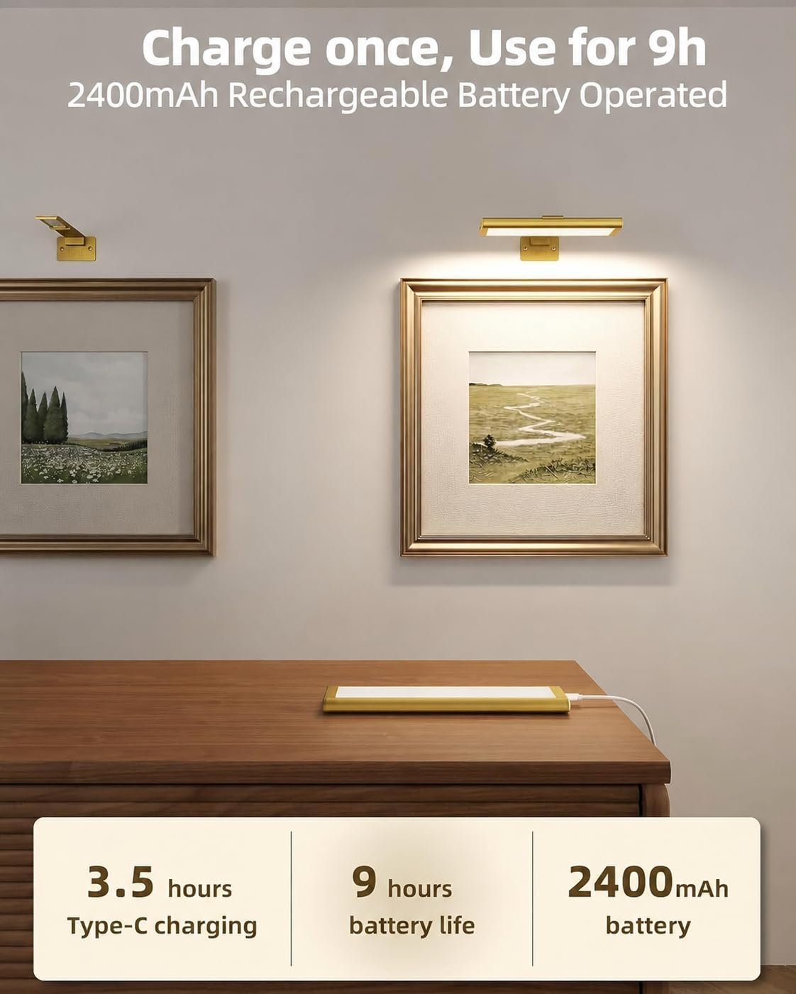 Detalle 1 de EZVALO PL01 Picture Lights, 3-Pack, 7.8-Inch Gold Rechargeable LED Wall Lights