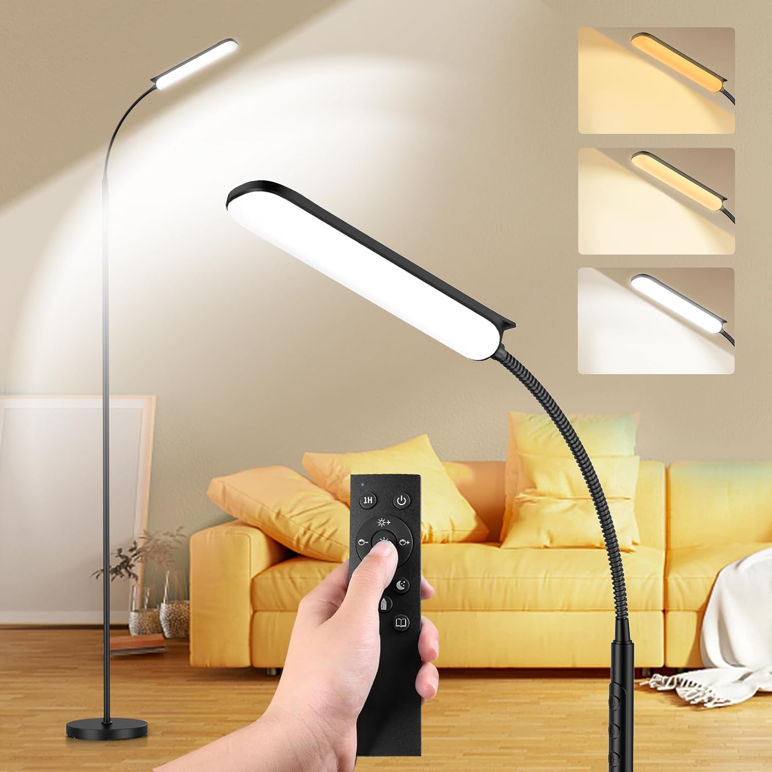 Detalle de MUKUXIN LED Uplighter Floor Lamp with Remote & Touch Control (Black) – 18W Dimmable with Timer