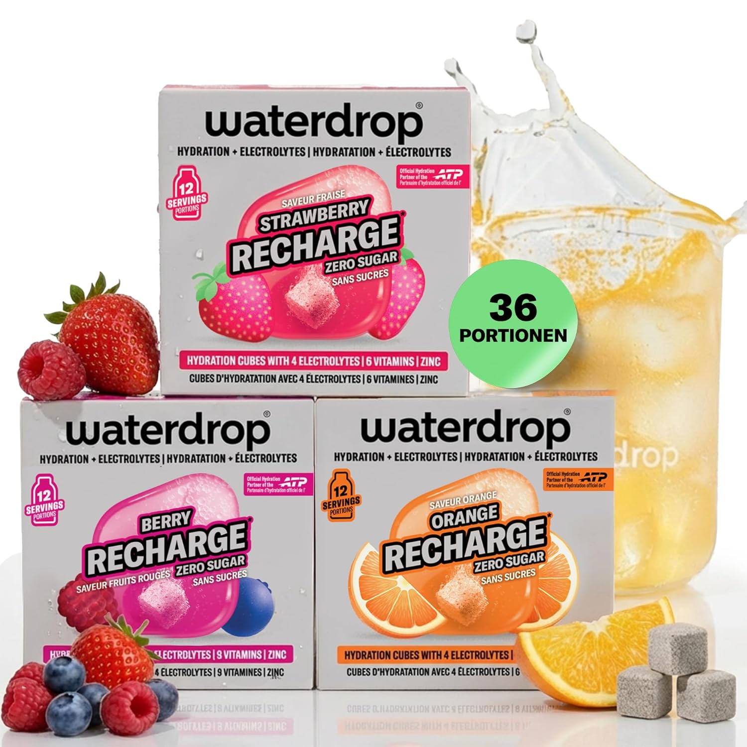 Detalle de waterdrop Elektrolyte-Mix – 36 Drops Würfel mit Magnesium, Kalzium, Natrium + Zink – Zuckerfrei, vegan, in Orange, Erdbeere & Berry