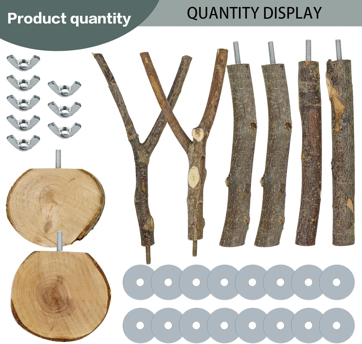 Thumbnail 4 de PERSENTU 8-Piece Natural Wooden Bird Cage Perches Set for Budgies, Cockatiels & Small Birds