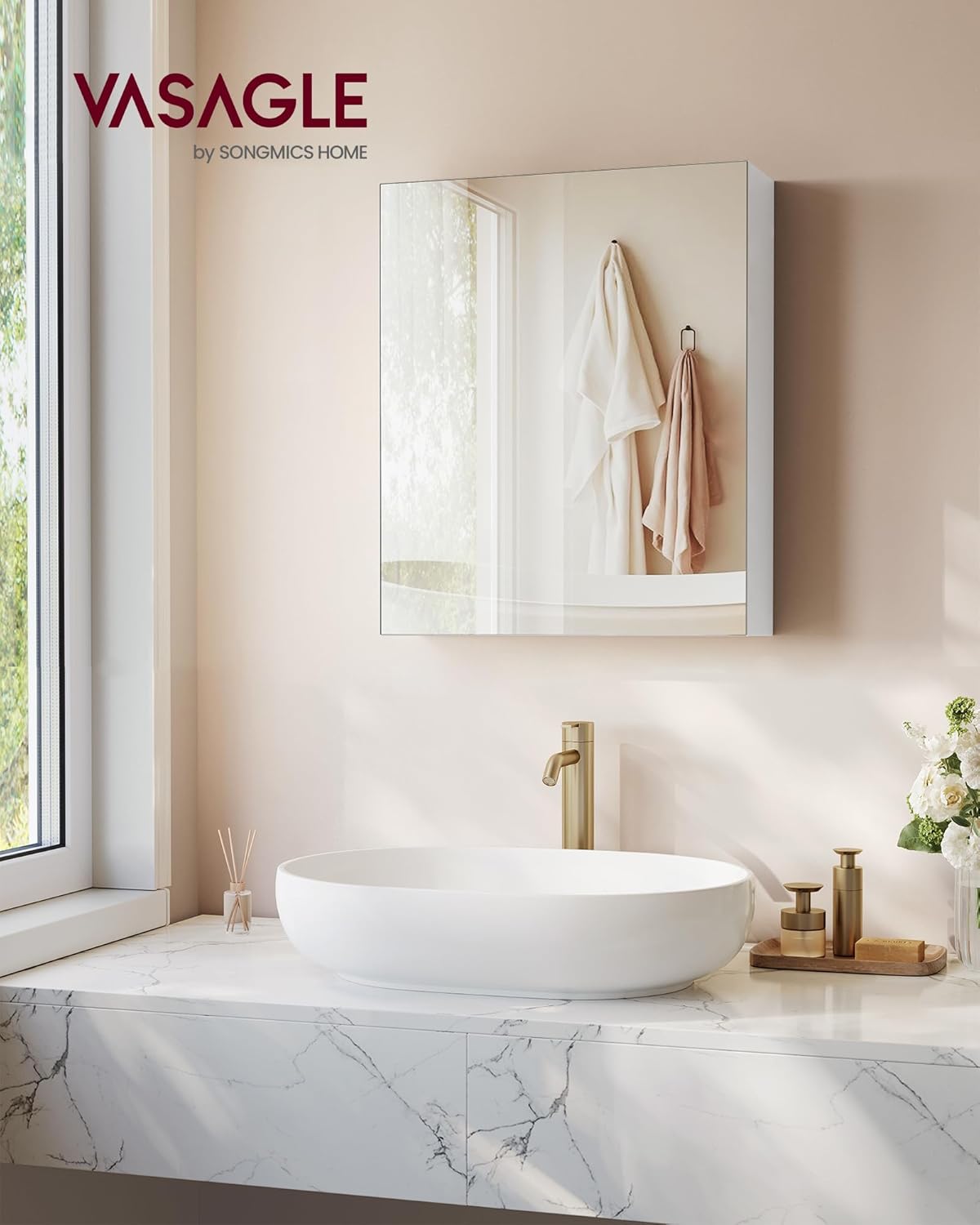Detalle de VASAGLE KAILYN Collezione – Armadietto a Specchio da Parete per Bagno, 13 x 50 x 60 cm, Bianco BBK012WB01