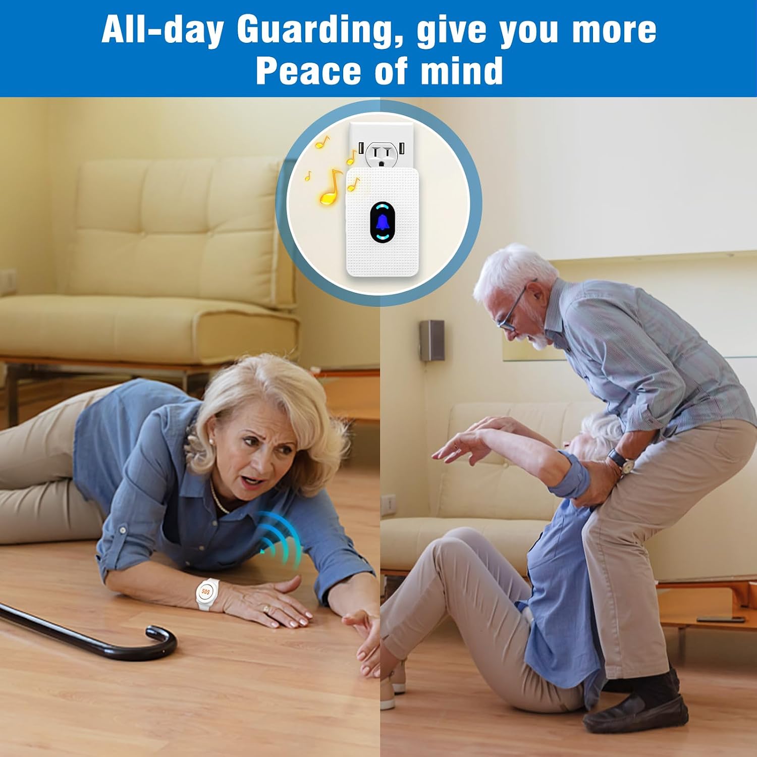 Detalle de Daytech Caregiver Pager Call Button with Wrist Button, 110 dB Receiver and 70 m Range