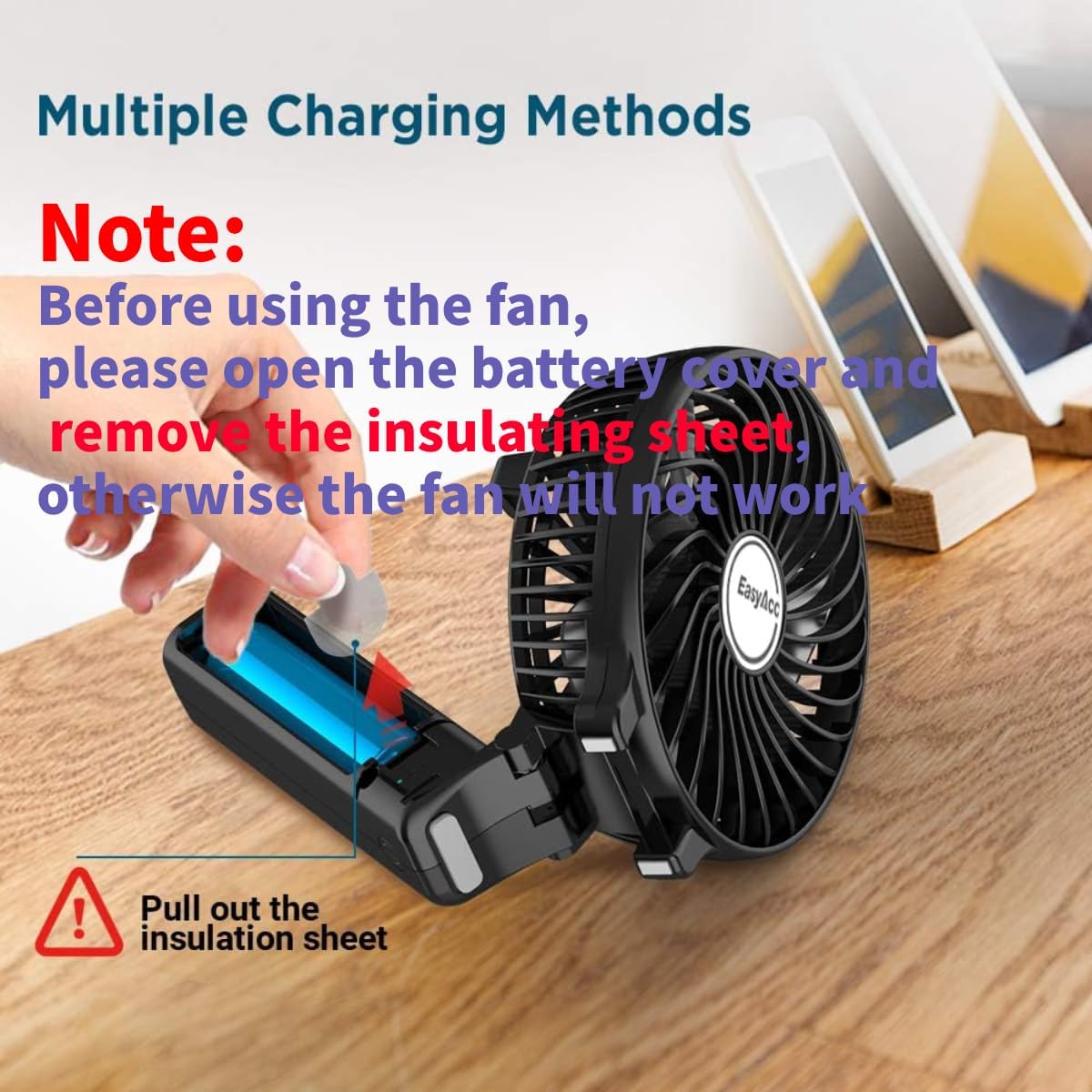 Detalle 2 de EasyAcc EasyAcc Handheld Fan Portable USB Fan (180° foldable, rechargeable, 3 speeds) – Black