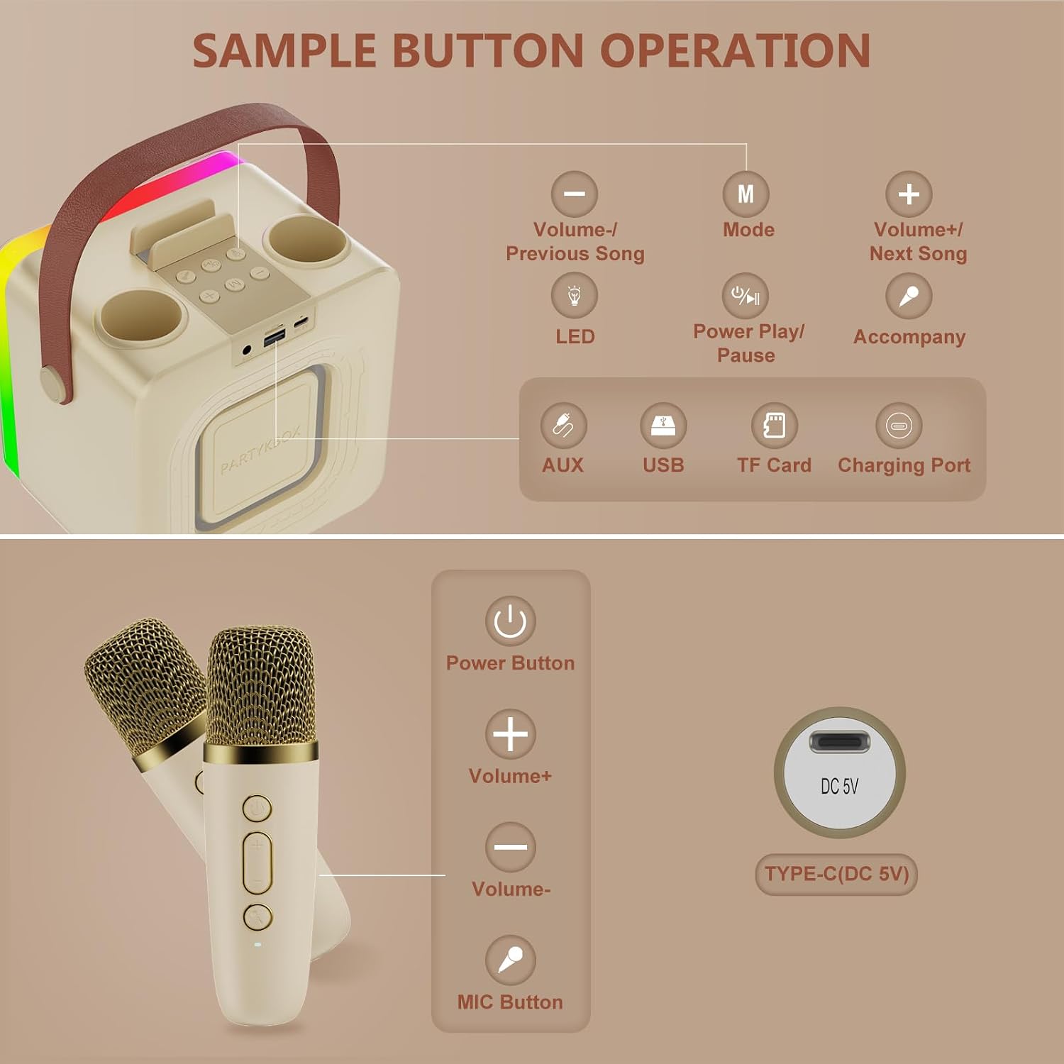 Detalle de JAUYXIAN D55-T Mini Karaoke Machine with Bluetooth, 2 Wireless Microphones and Lights