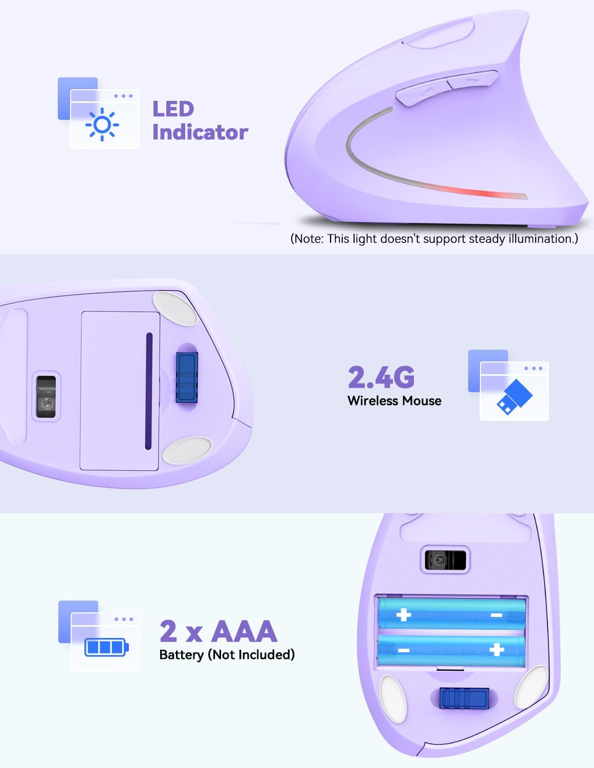 Thumbnail 5 de TECKNET Ergonomic Vertical Mouse (4800DPI) Wireless 6-Button Silent Purple