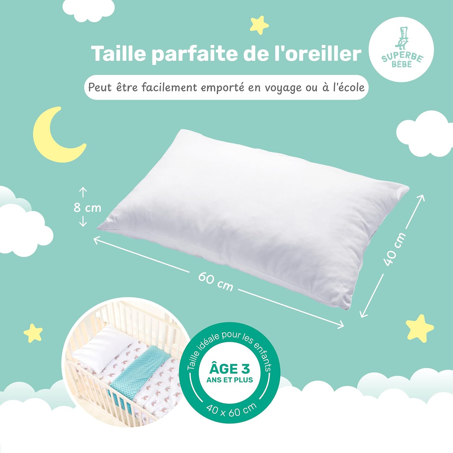 Thumbnail 3 de Oreiller Enfant 40x60 cm en Coton OEKO-TEX – Confort et Sécurité pour les 3 à 10 ans