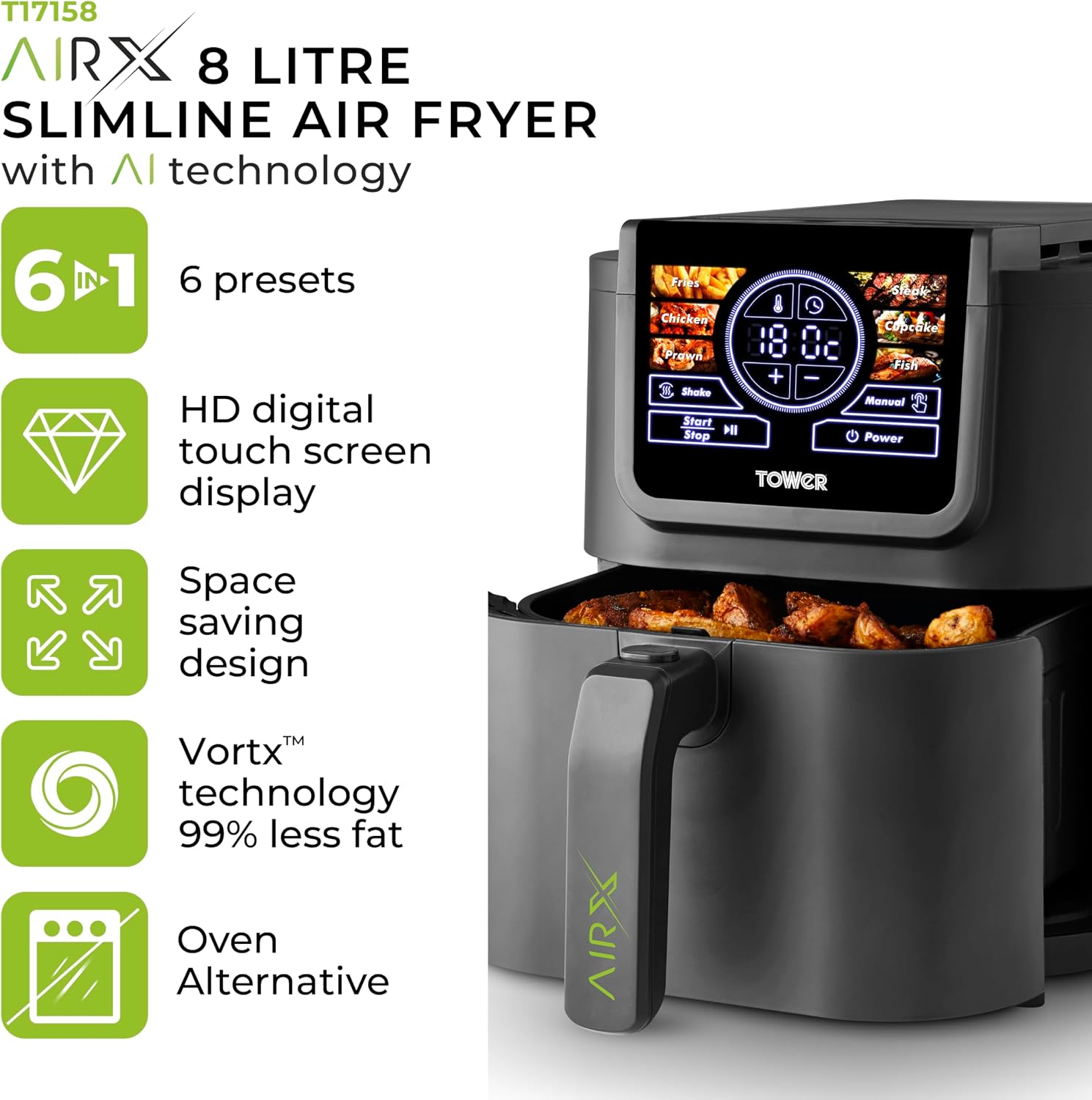 Detalle 2 de Tower 8L AIRX AI Air Fryer with VORTX Technology (T17158) – 8L, 1500W, Grey