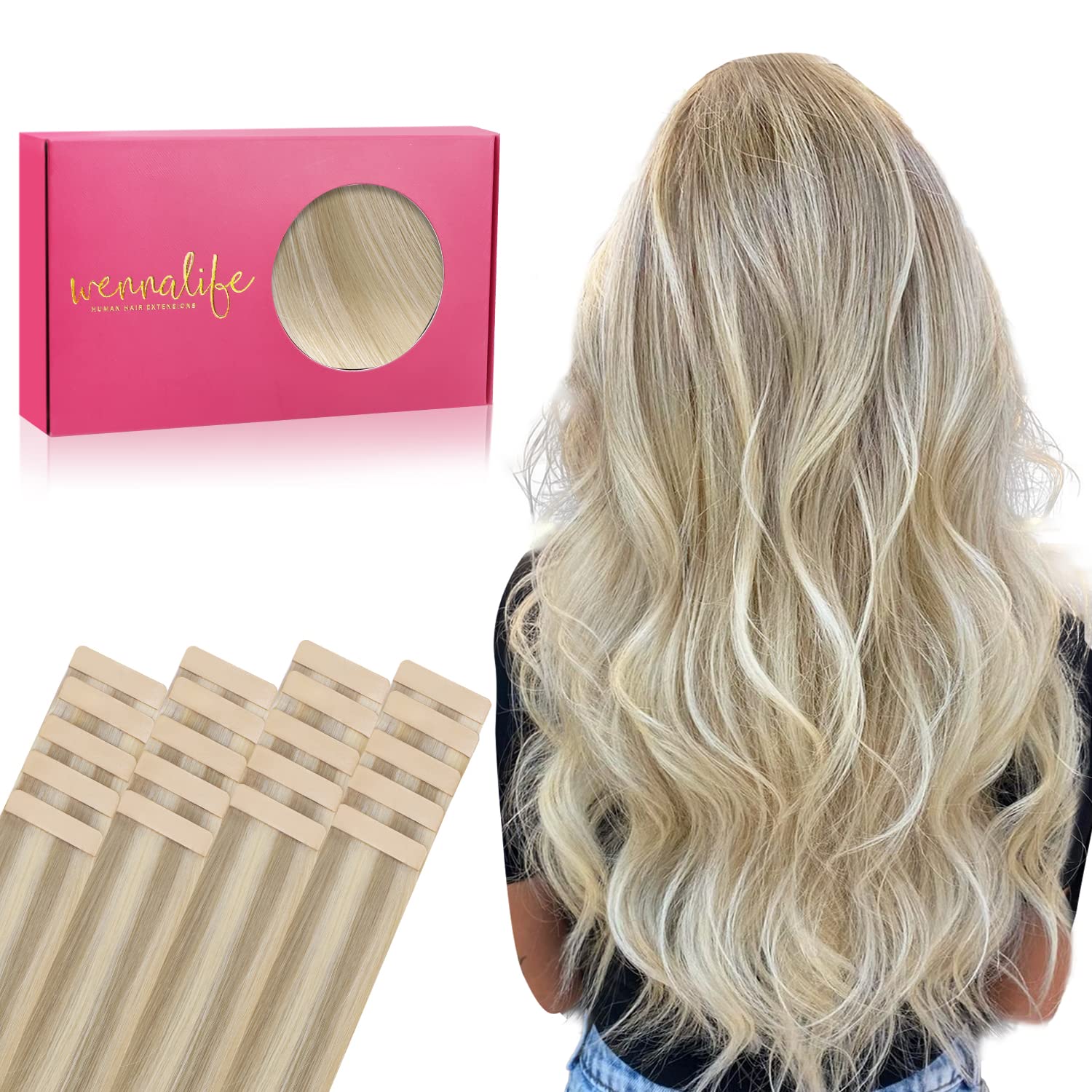 Detalle de WENNALIFE Tape Extensions aus Remy-Echthaar, 20 Stk. (50 g), 35 cm – Aschblond bis Platinblond