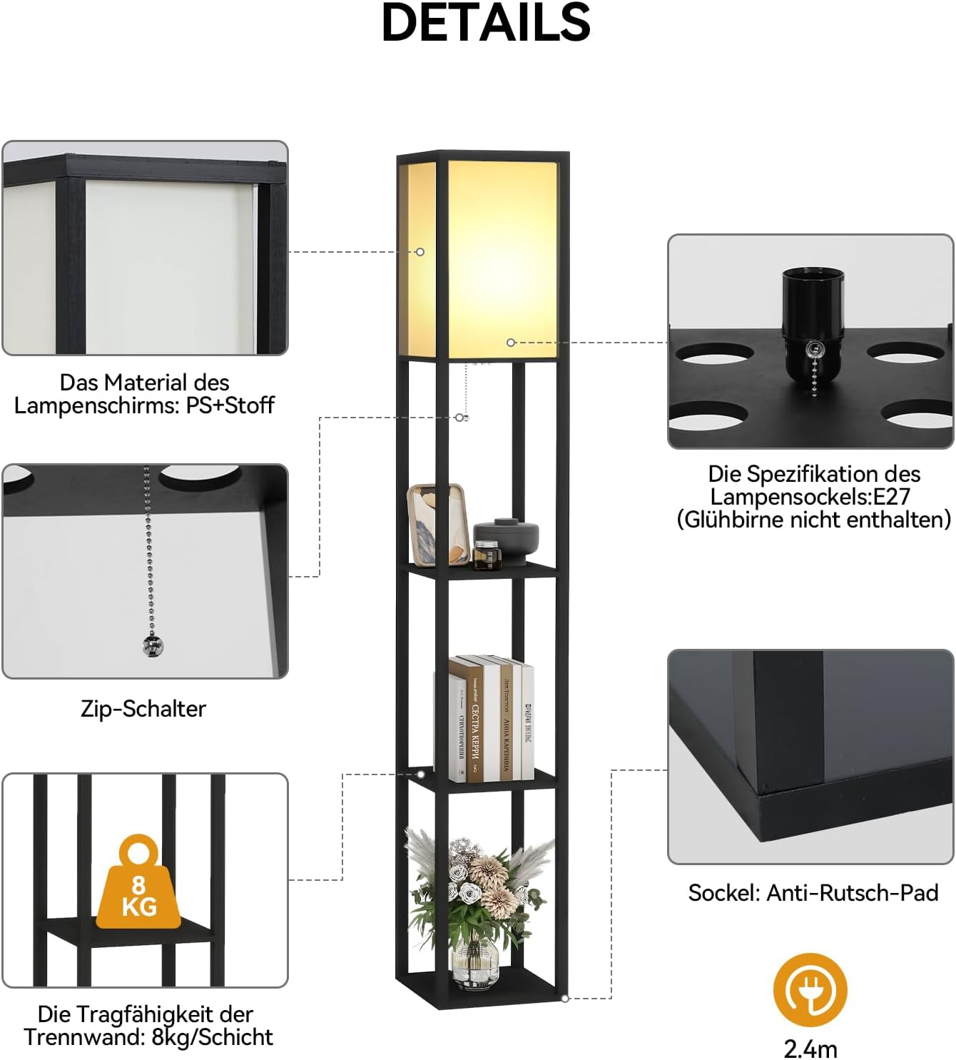 Detalle 2 de Fullwatt Stehlampe mit Holzregal 160 cm