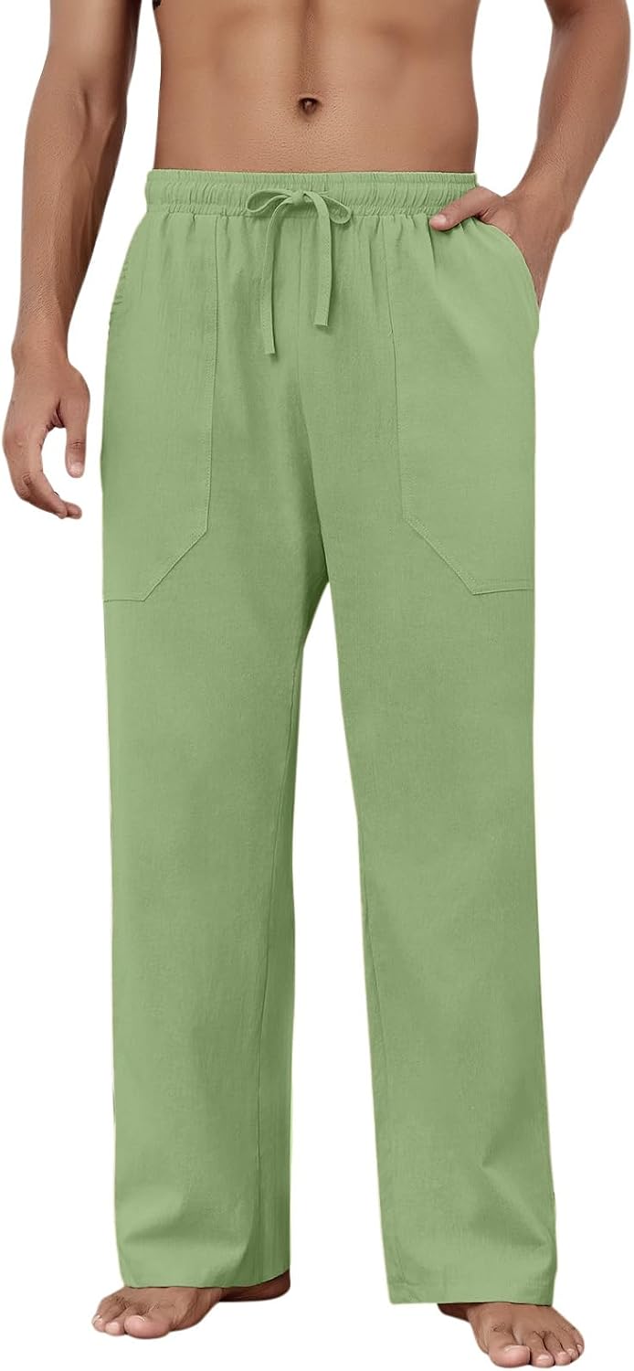 Detalle de Puimentiua Men's Linen Trousers: Casual Loose Fit with Elastic Waist and Large Pockets