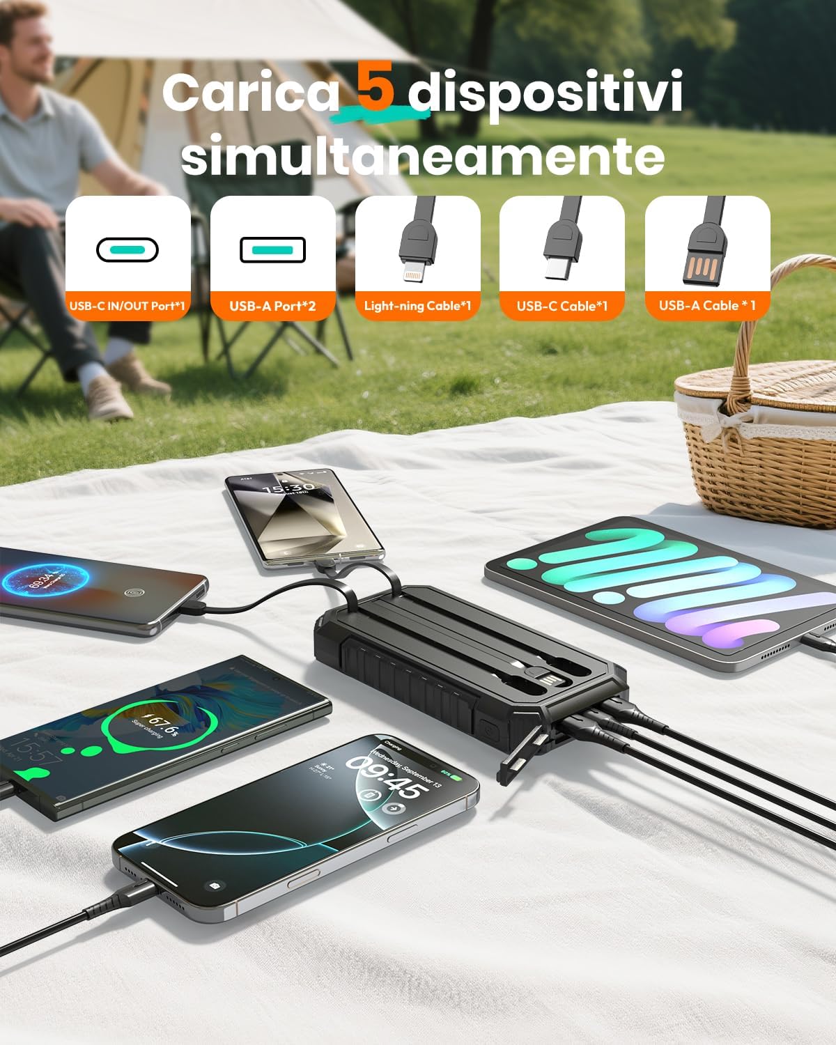 Detalle de Power Bank Solar 20000mAh 15W con cavi integrati e torcia LED – Caricatore rapido portatile per iPhone e Android