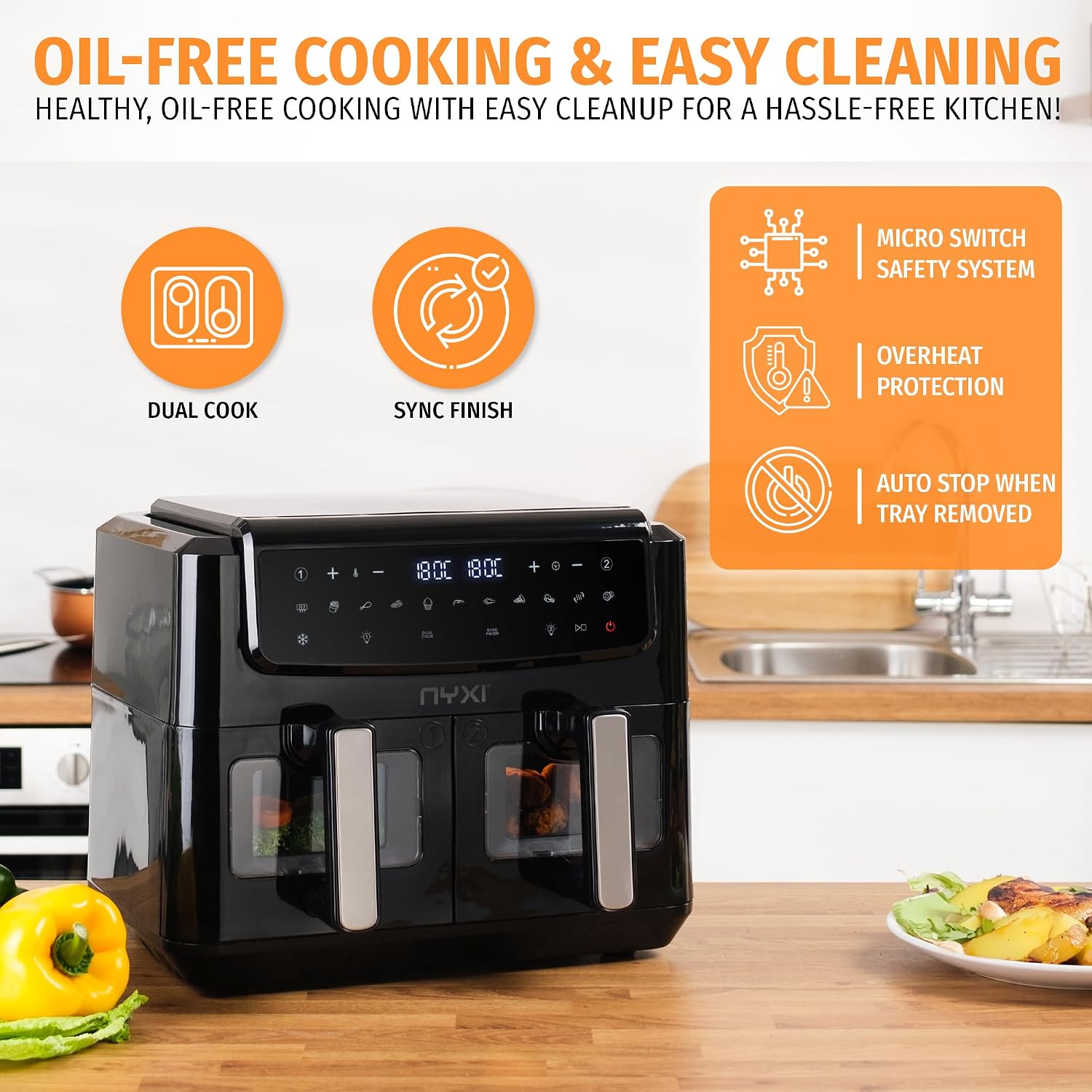 Detalle 2 de Nyxi Dual Basket Air Fryer 9L (4.5L each) with Visual Window, 13 Cooking Modes, Model 3867