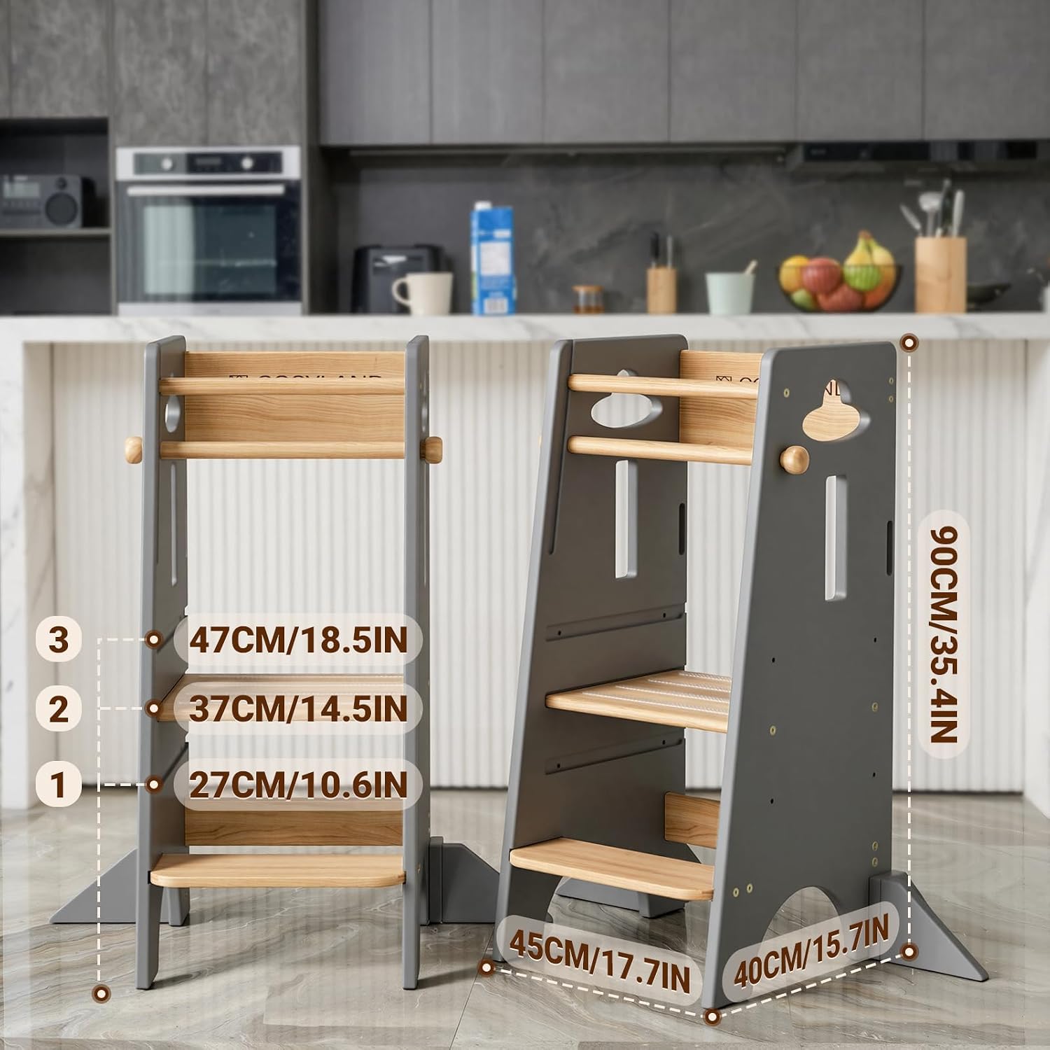 Detalle 2 de COSYLAND CS000132-3-CA Toddler Kitchen Tower, 3-Level Adjustable, Natural & Grey