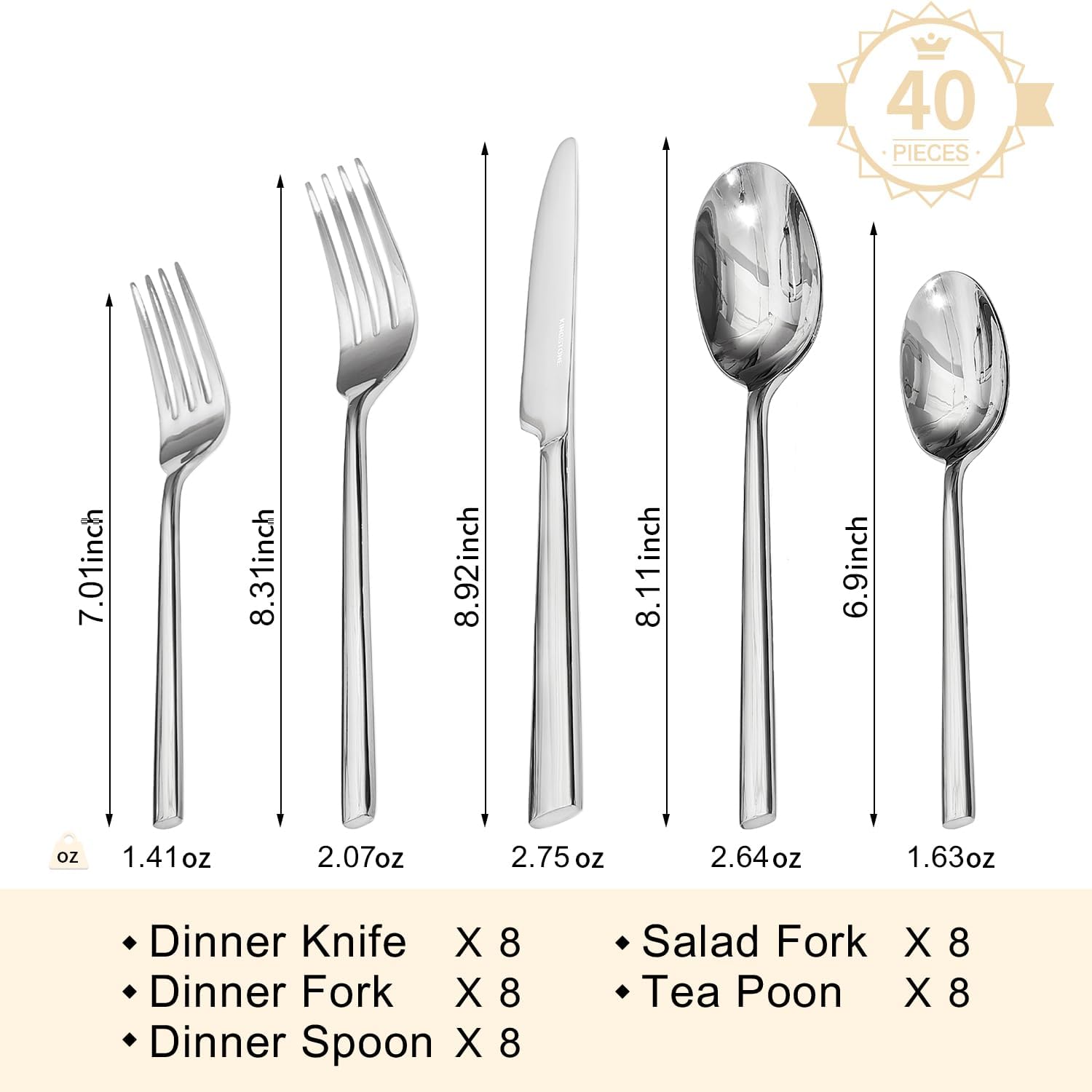 Thumbnail 1 de KINGSTONE 40-Piece Forged Flatware Set (Service for 8) in Mirror-Polished Stainless Steel