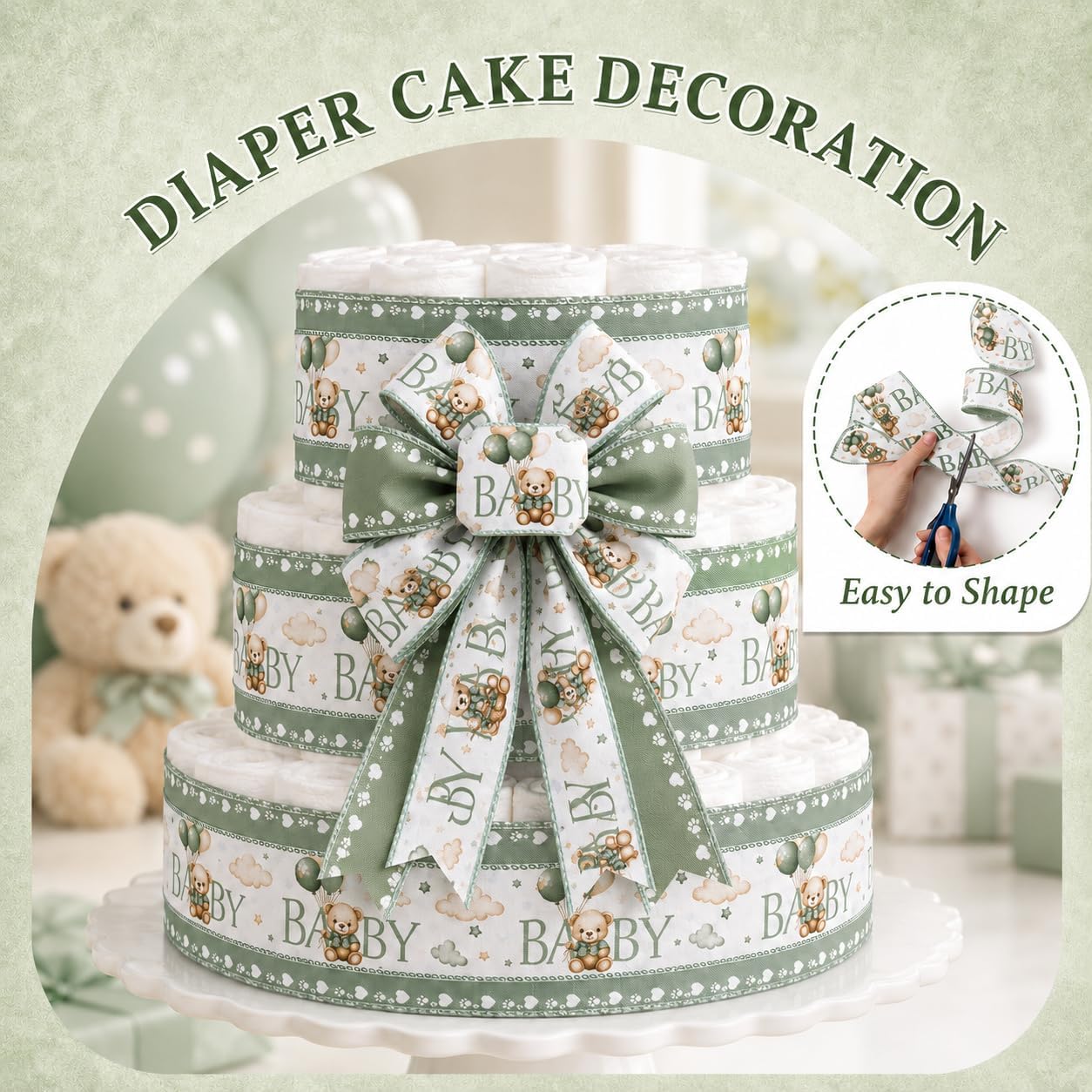 Thumbnail 4 de Wired Ribbon, Sage Green Bear Print