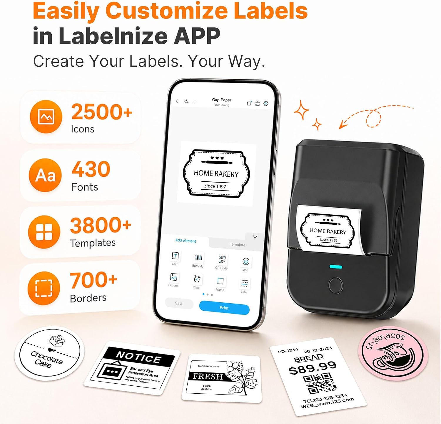 Detalle 2 de TYPONOS PM240 Bluetooth Thermal Label Maker, 203 DPI, 3 Label Rolls