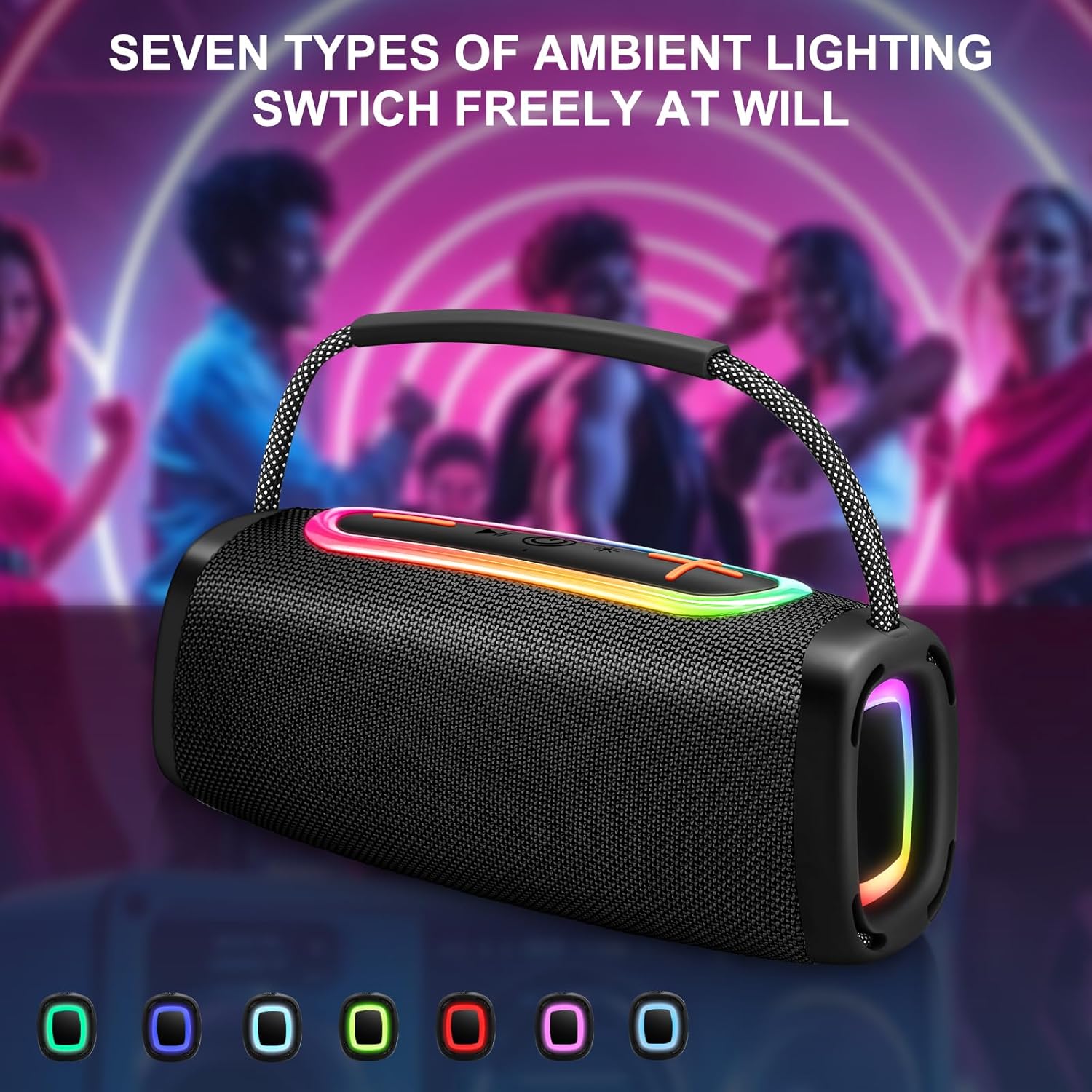 Detalle de Tragbarer Bluetooth-Lautsprecher mit Griff – IPX7, BT5.3, 24W, RGB-Lichtshow, 2×60-mm Treiber