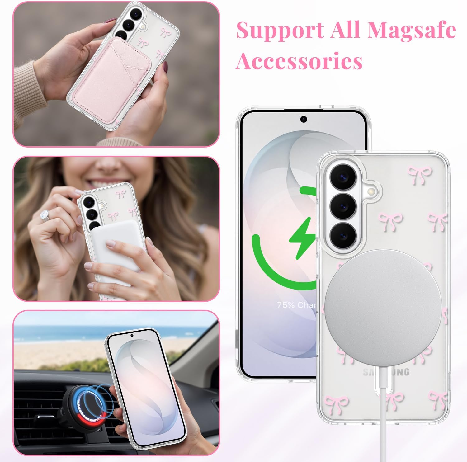 Thumbnail 2 de Magnetica Cover Rosa per Samsung Galaxy S26 — Custodia trasparente con fiocco rosa, protezione antiurto e supporto MagSafe