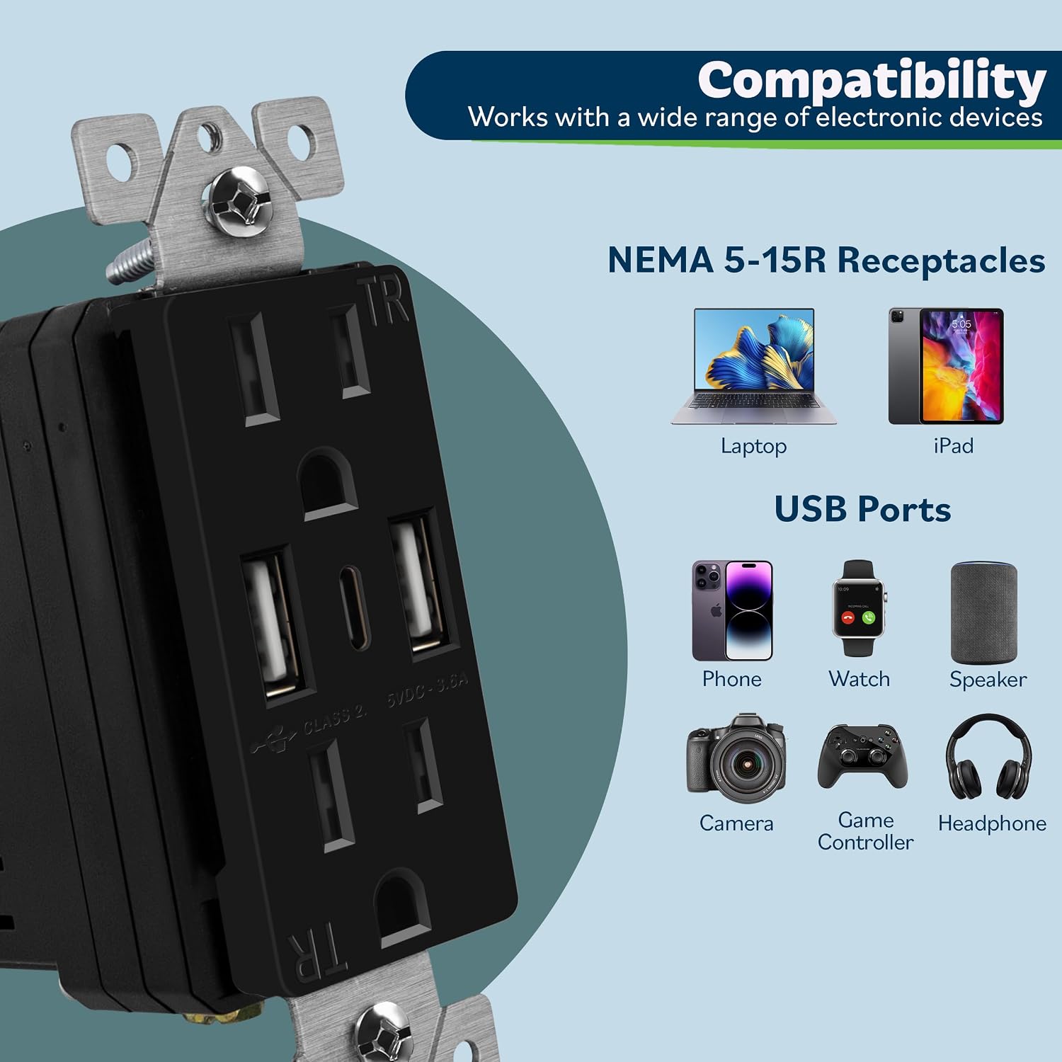 Detalle 2 de TOPGREENER 3-Port USB Wall Outlet 15A 🔌