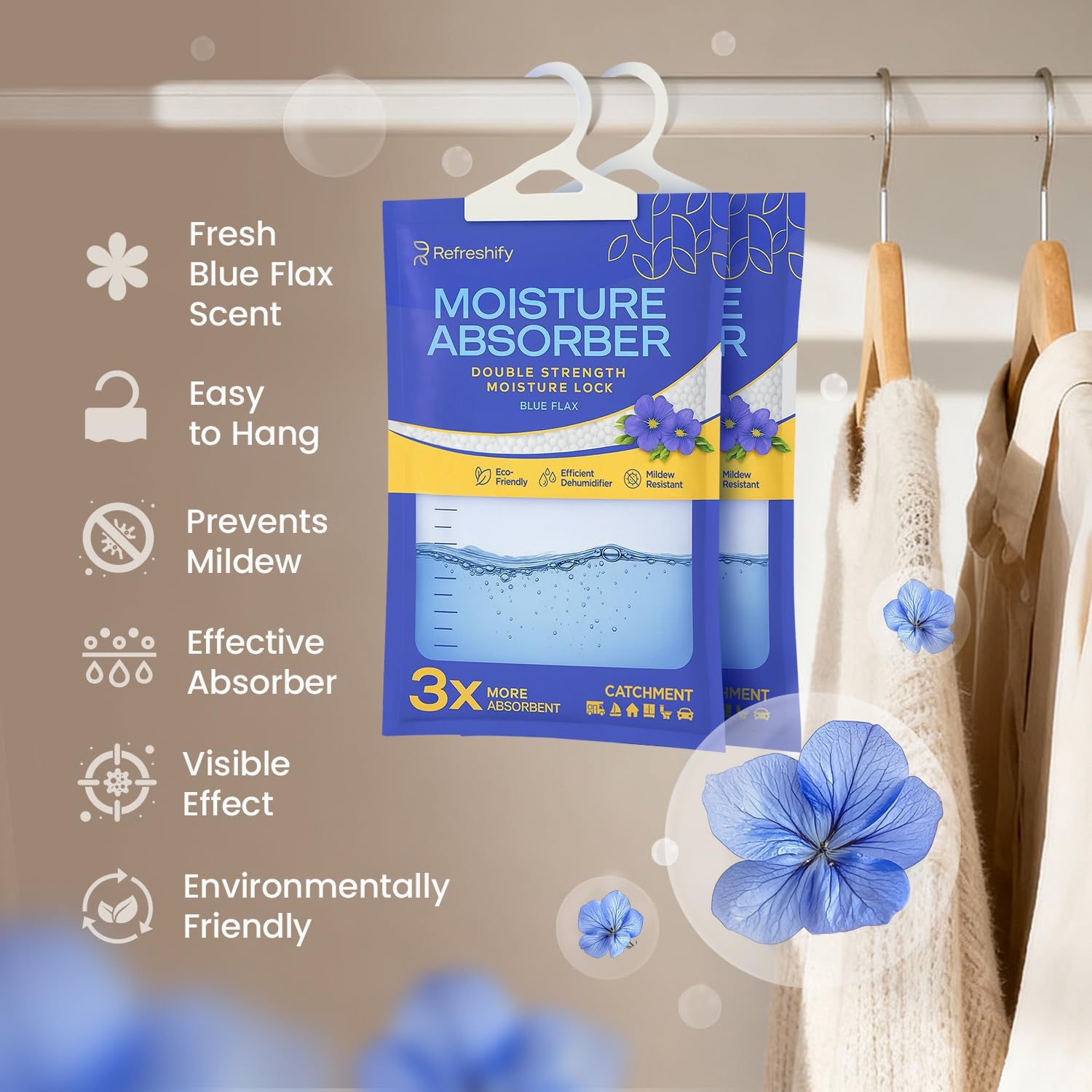 Detalle 2 de Moisture Absorbers and Humidity Absorber Bags for Closet - 10 Pack Blue Flax