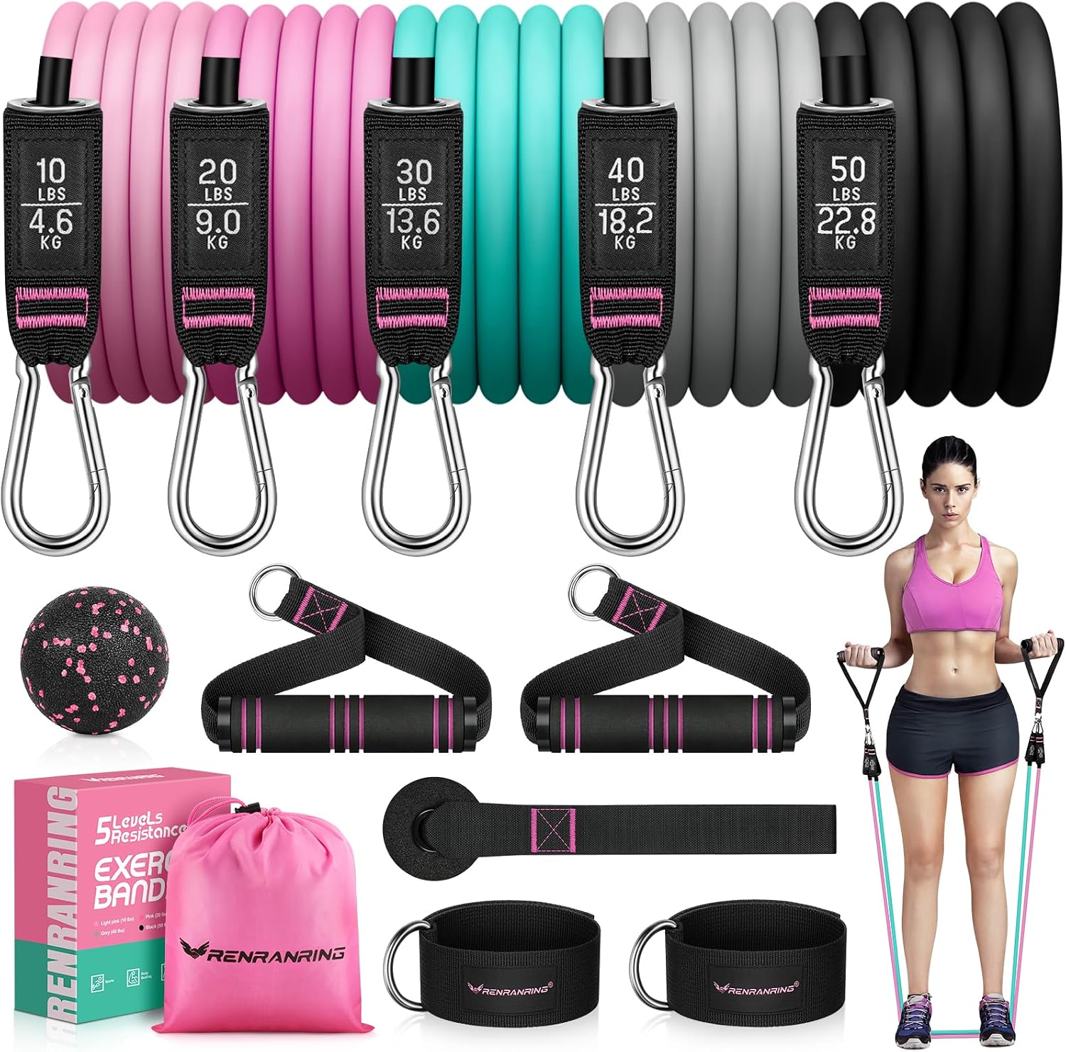 Detalle de RENRANRING 10-150 LBS Resistance Band Set with Handles, 5 Levels