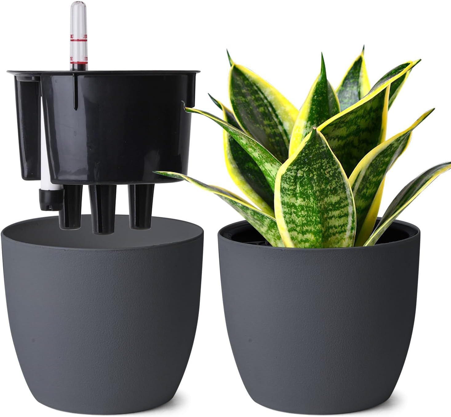 T4U zelfbewaterende plantenpotten 15 cm, set van 2, grijs met waterindicator