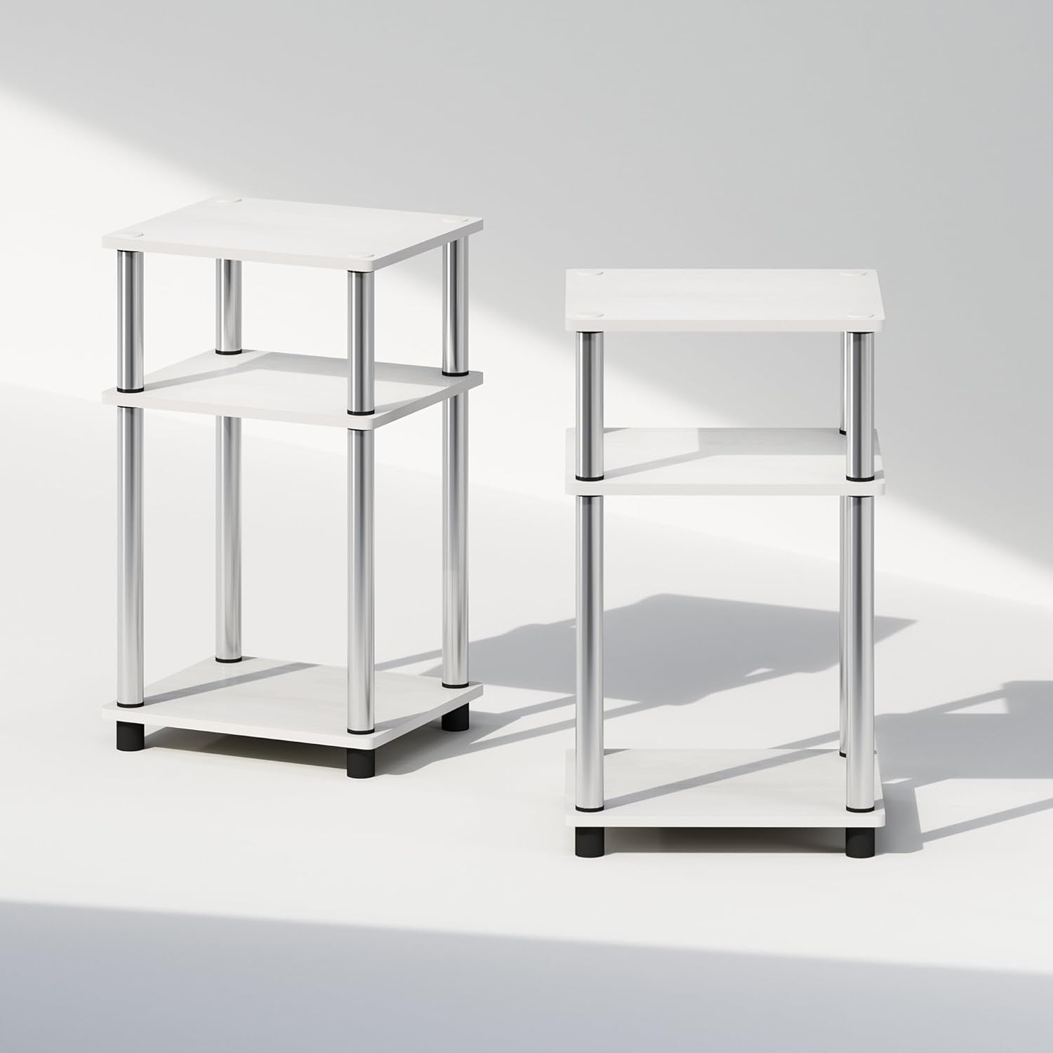 Thumbnail 5 de Furinno JUST Set di 2 Comodini Turn-N-Tube a 3 livelli, Rovere bianco/Acciaio inossidabile