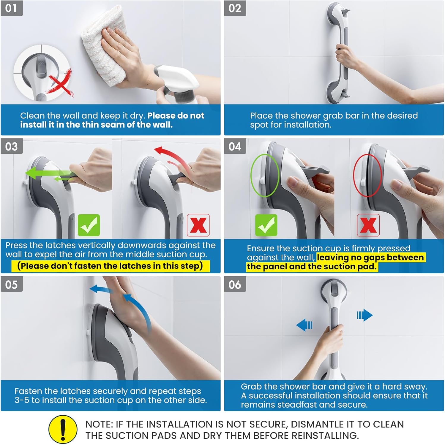 Thumbnail 4 de LEVERLOC Shower Grab Rails, 43 cm Suction Grab Bar (Grey) – No Drilling, Suction Safety Handle for Bathtub & Shower