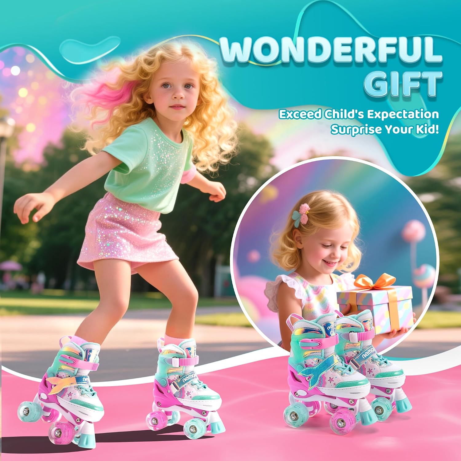 Thumbnail 3 de NEMONE Mermaid Light-Up Adjustable Roller Skates (4-Size) for Girls, Purple-Blue