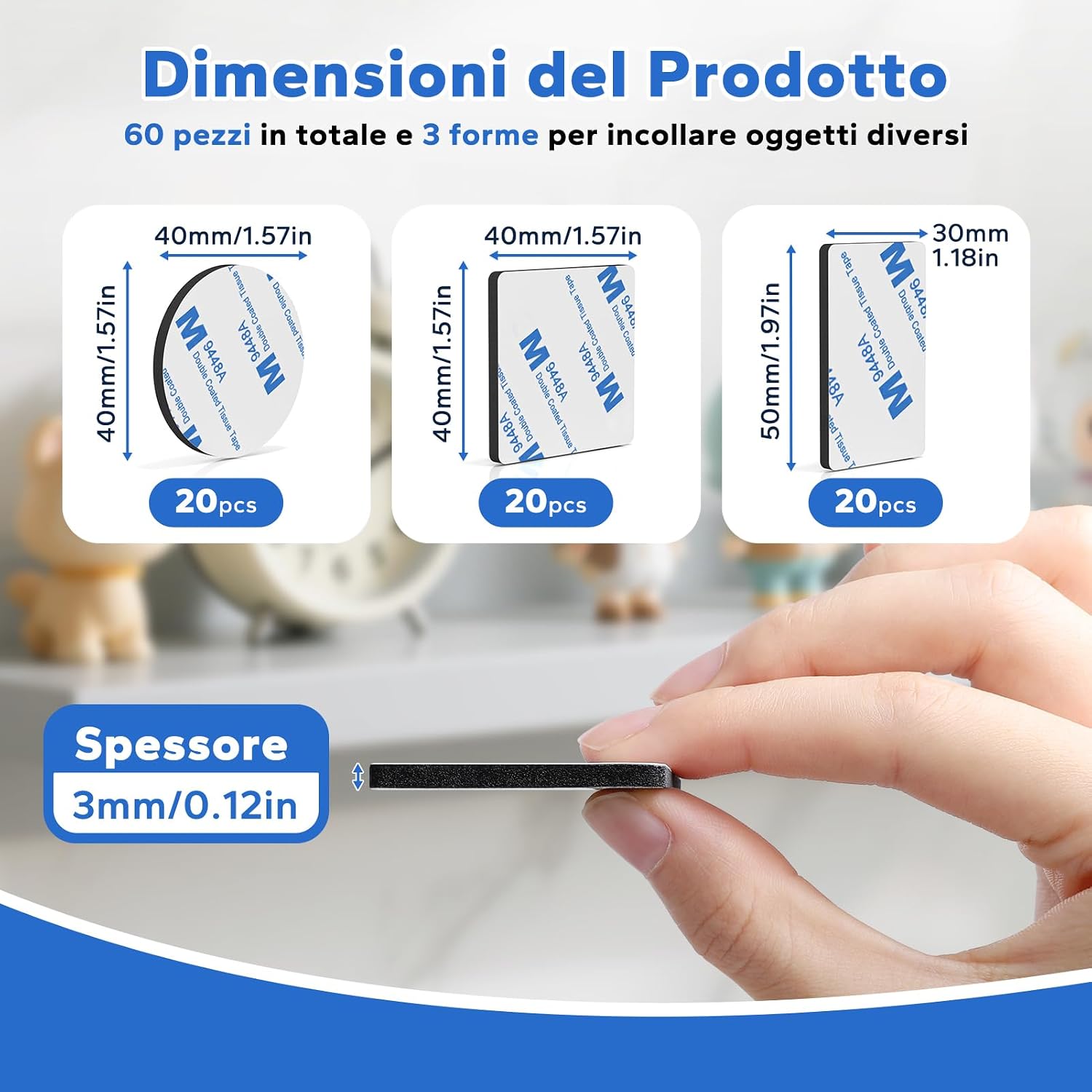 Detalle 2 de HOMMAND Pads Biadesivo Extra Forte in schiuma EVA, 60 pezzi (rettangolari, quadrati e tondi) – nero