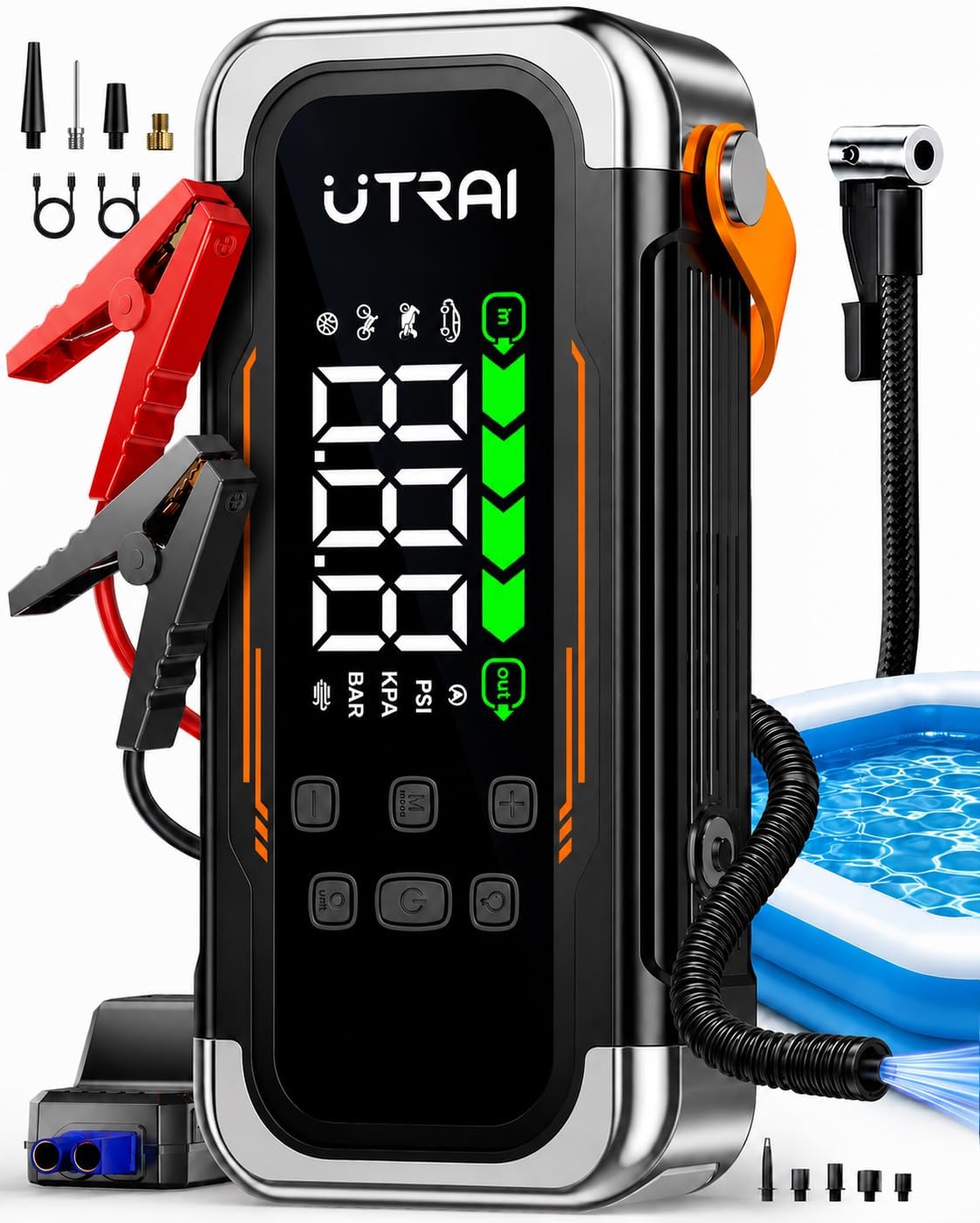 Detalle de UTRAI 7000A Booster Avviatore Auto con Compressore & Soffiatore d'aria, 12V, Power Bank PD30W e Torcia LED