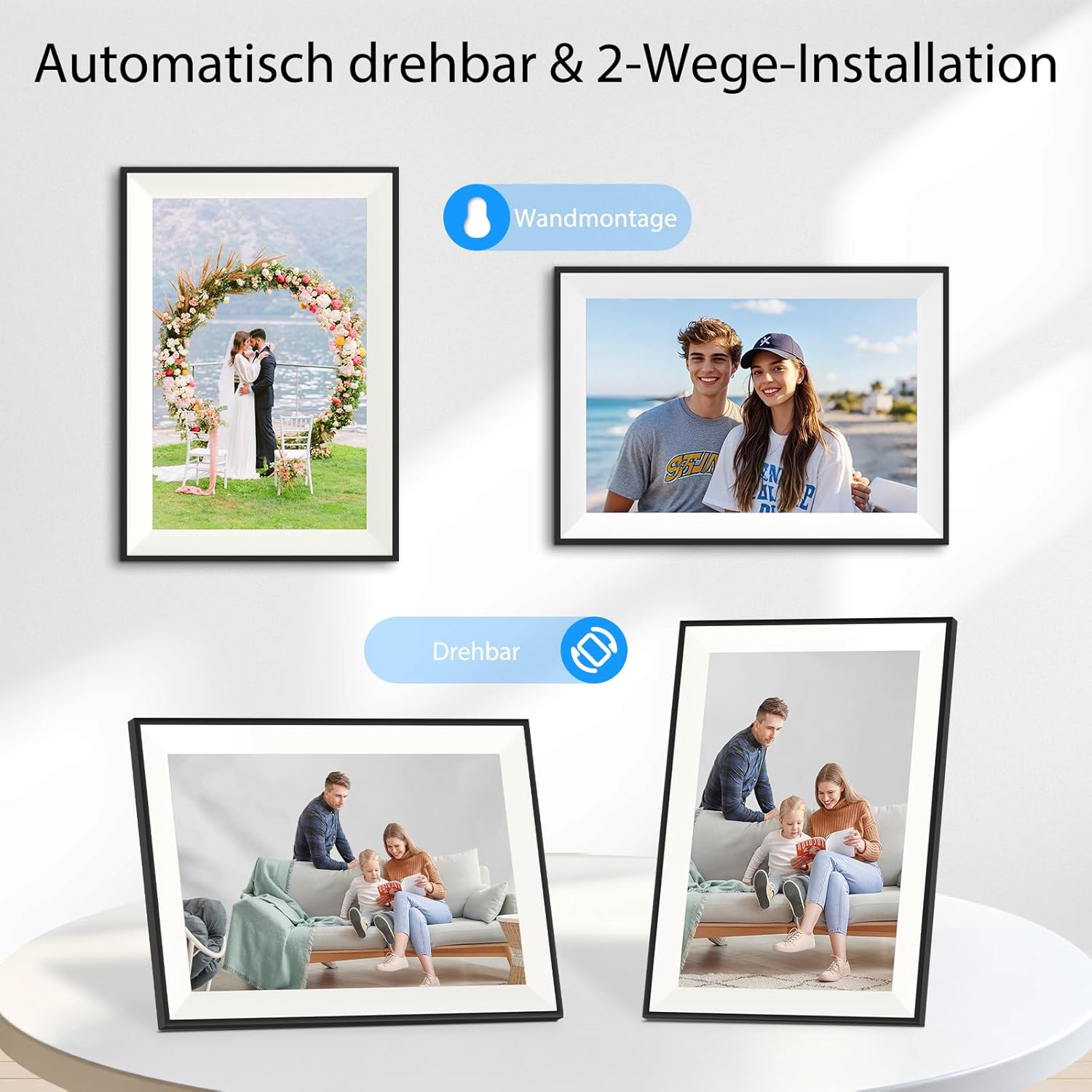 Detalle de Frameo Digitaler Bilderrahmen WLAN 10,1 Zoll – 32 GB, 1280x800 IPS Touchscreen, automatische Drehung, Wandmontage, App-Sharing