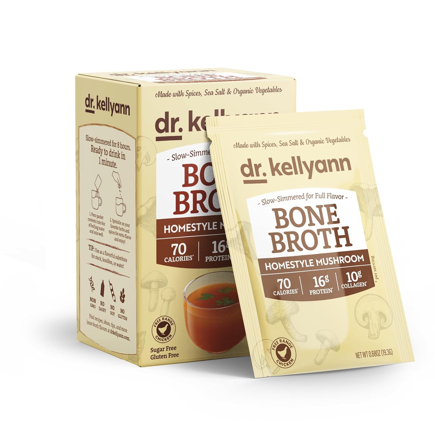 Detalle de Dr. Kellyann Homestyle Mushroom Bone Broth Packets, 7 Servings, 16g Protein