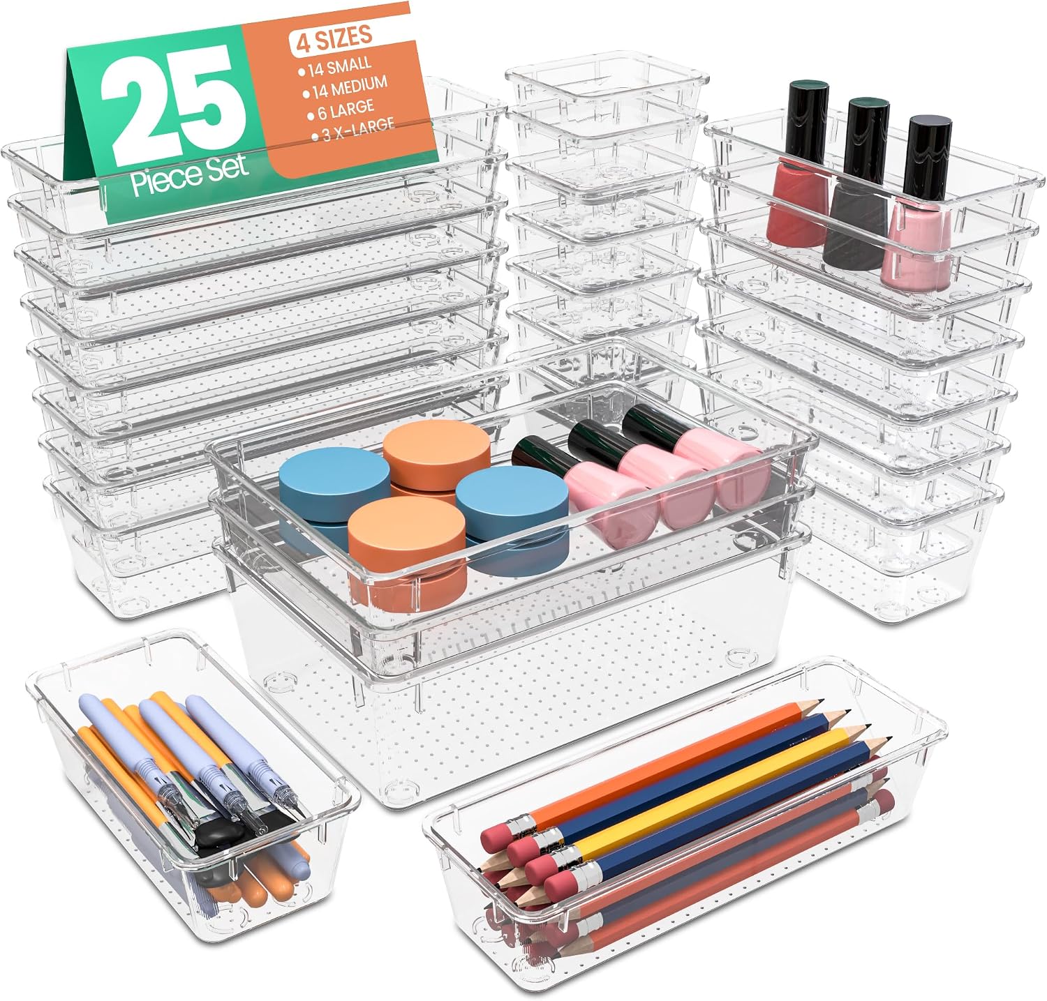 Detalle de KICHLY Drawer Organizer 25-Piece Clear Tray Set, Four Sizes