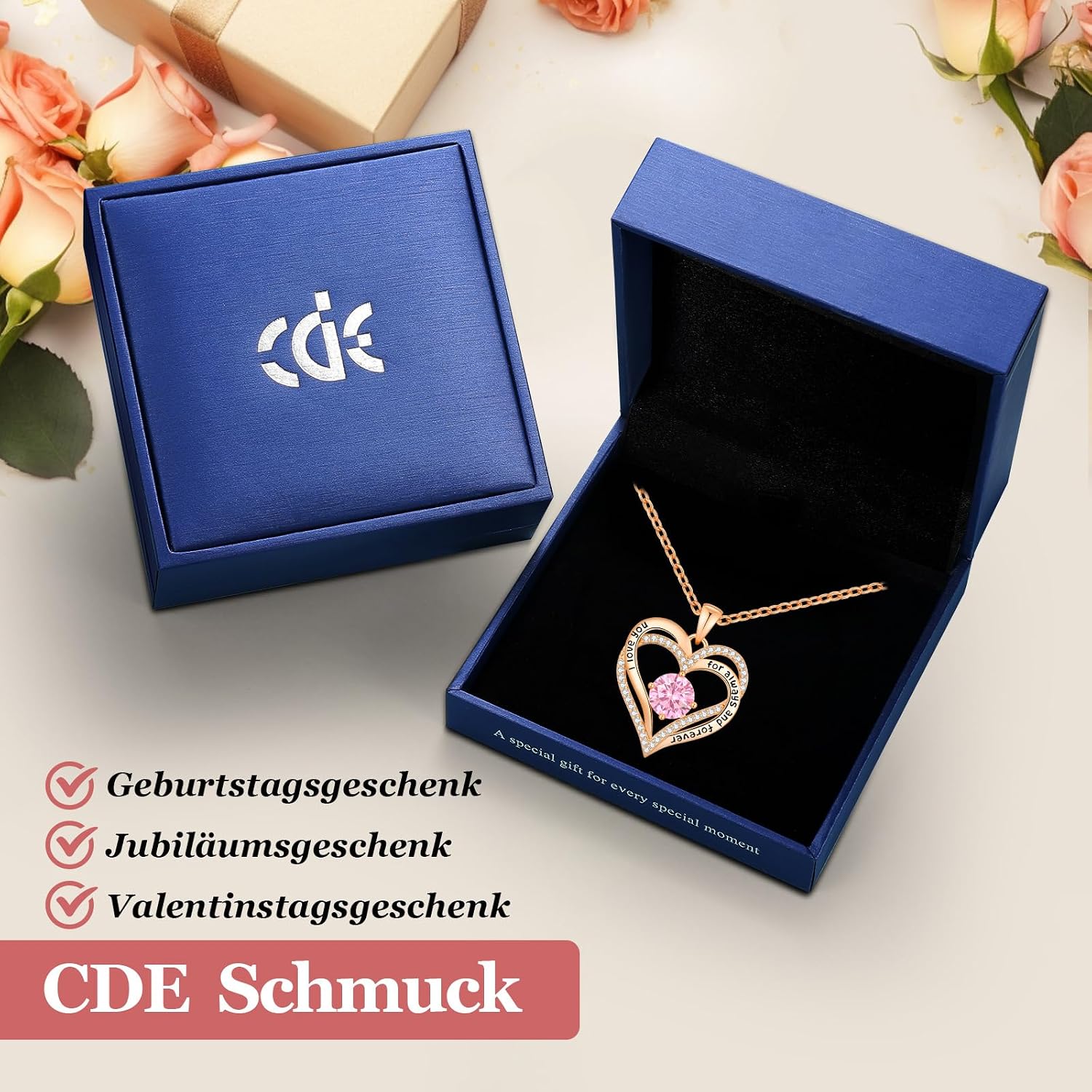 Detalle de CDE Damen Herz Anhänger Halskette mit doppeltem Herz & Zirkonia – 925 Silber oder Messing, Geburtstagsgeschenk
