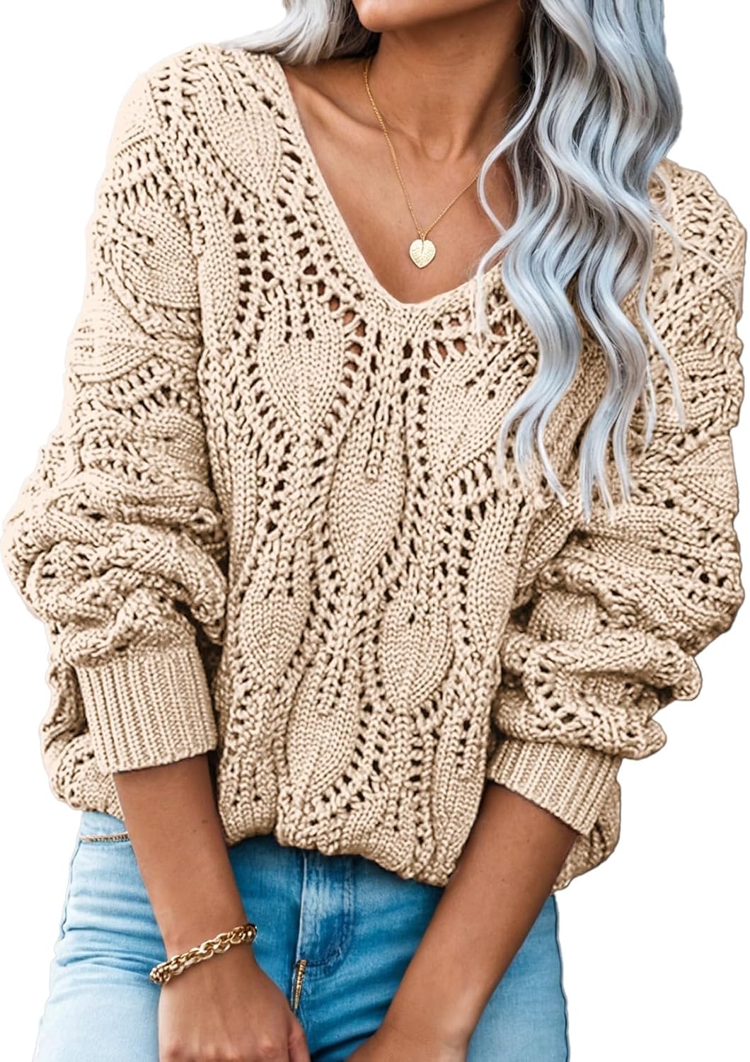 Detalle de Dokotoo Women's V-Neck Crochet Sweater, Long-Sleeve Open-Knit Pullover
